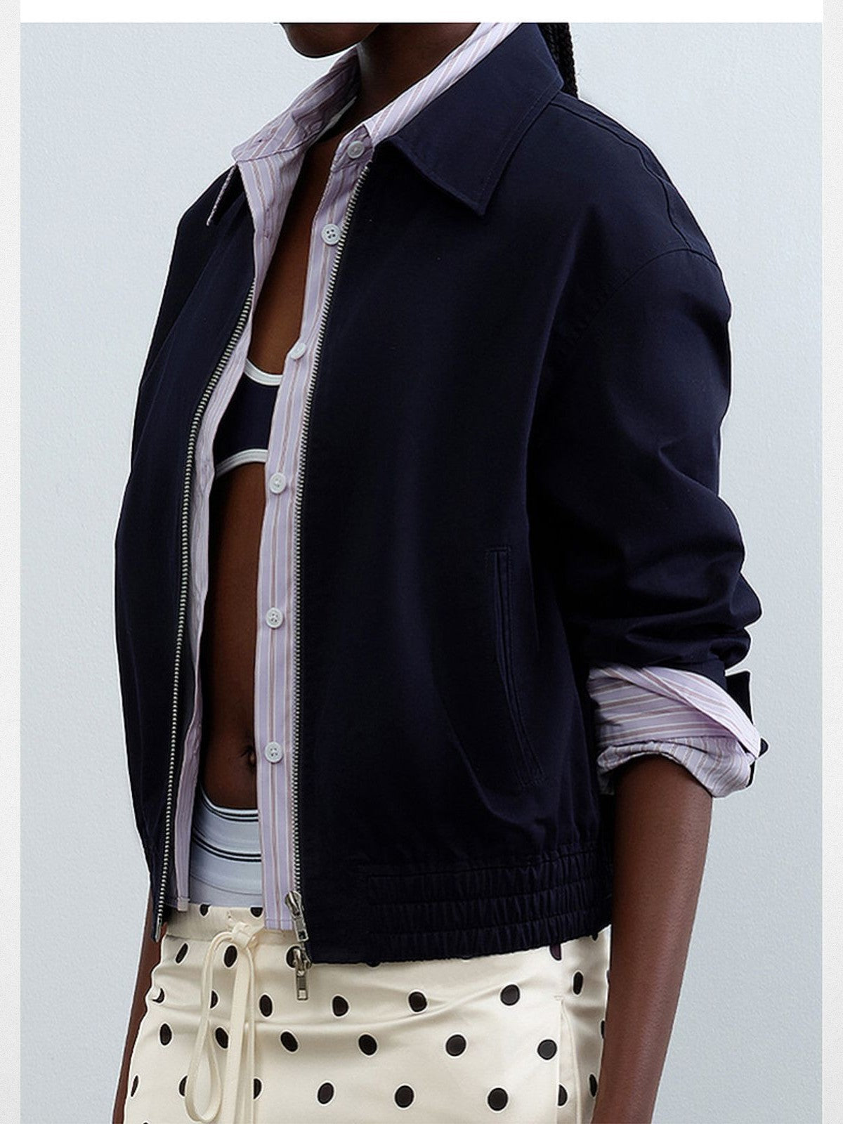 RARELY ALIKE Faux Two Piece Striped Collar Jacket in Navy Blue - On Model