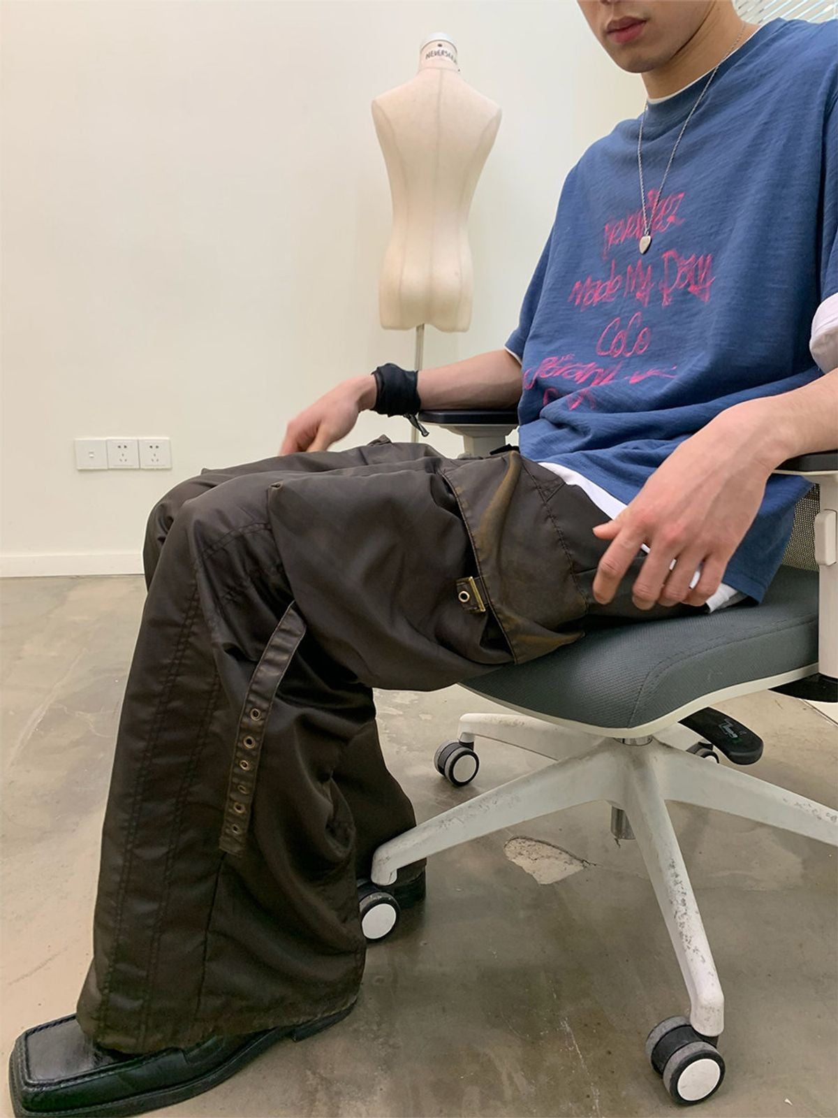 NeverSeez Spliced Wide Leg Cargo Pants in Brown - On Male Model