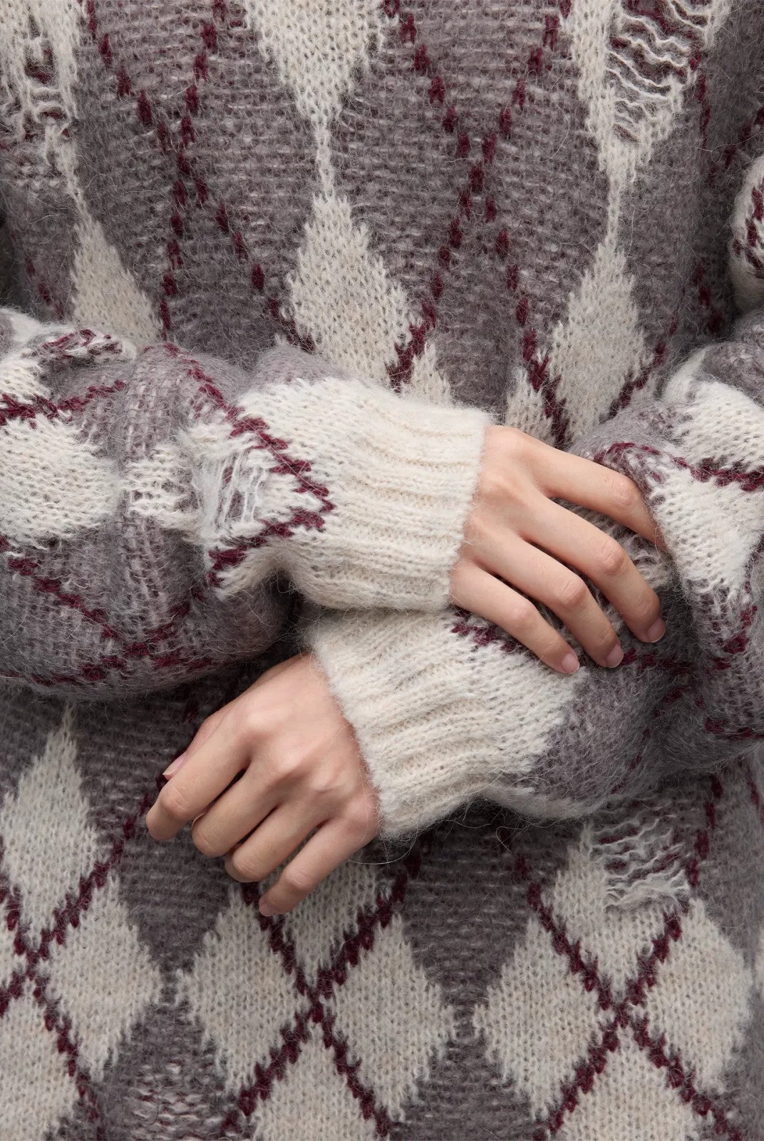 RandomPiece Distressed Argyle Alpaca Blend Sweater in Beige - On Model