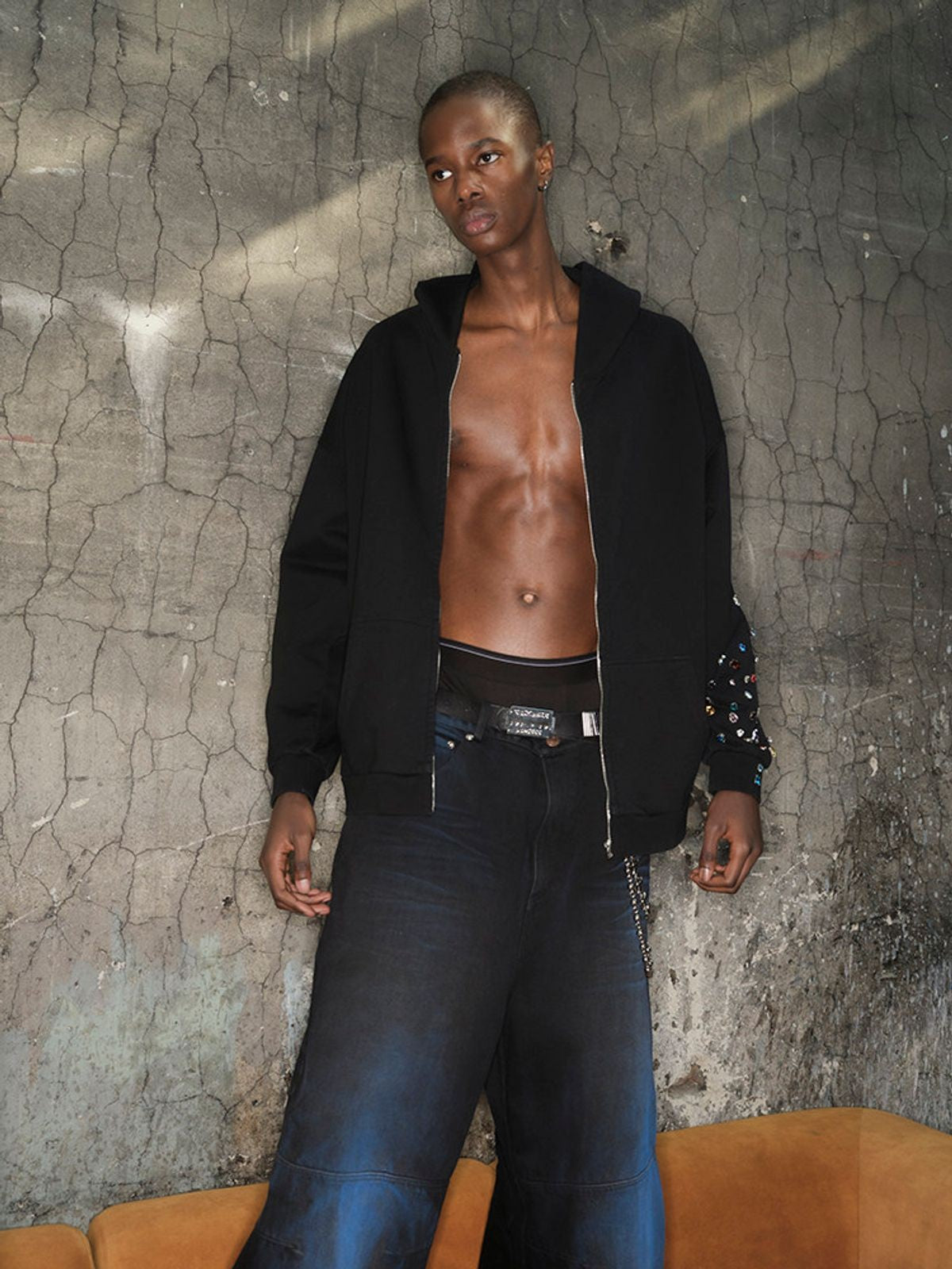 TRIANGLE PROJECT Gemstone Embellished Zip Hoodie in Black - On Model