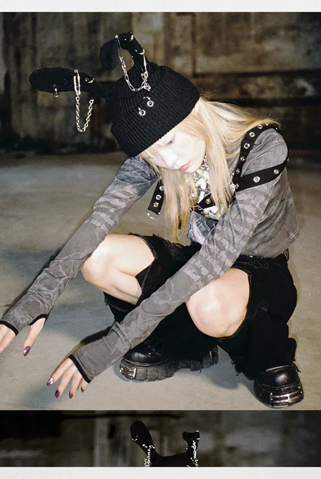 CFIERCE Safety Pin Ribbed Bunny Beanie in Black