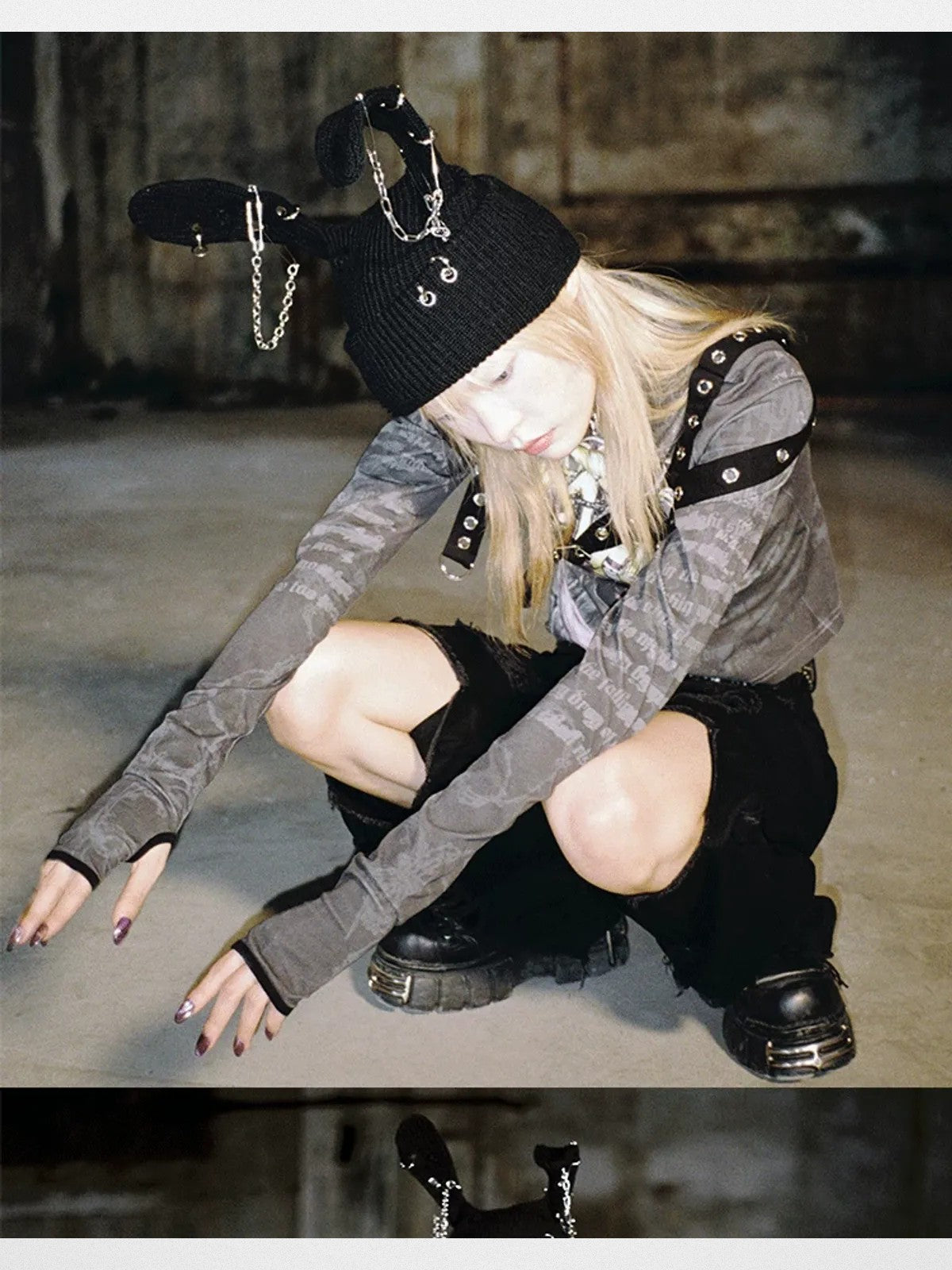 CFIERCE Safety Pin Ribbed Bunny Beanie in Black