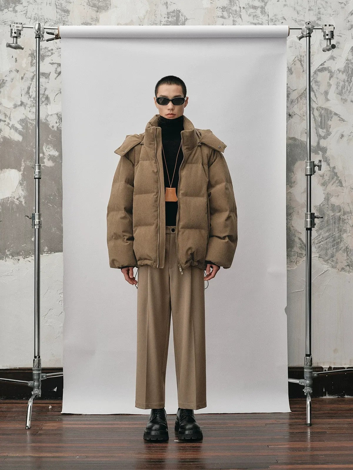 NANS Corduroy Texture Down Puffer Jacket in Beige - On Male Model