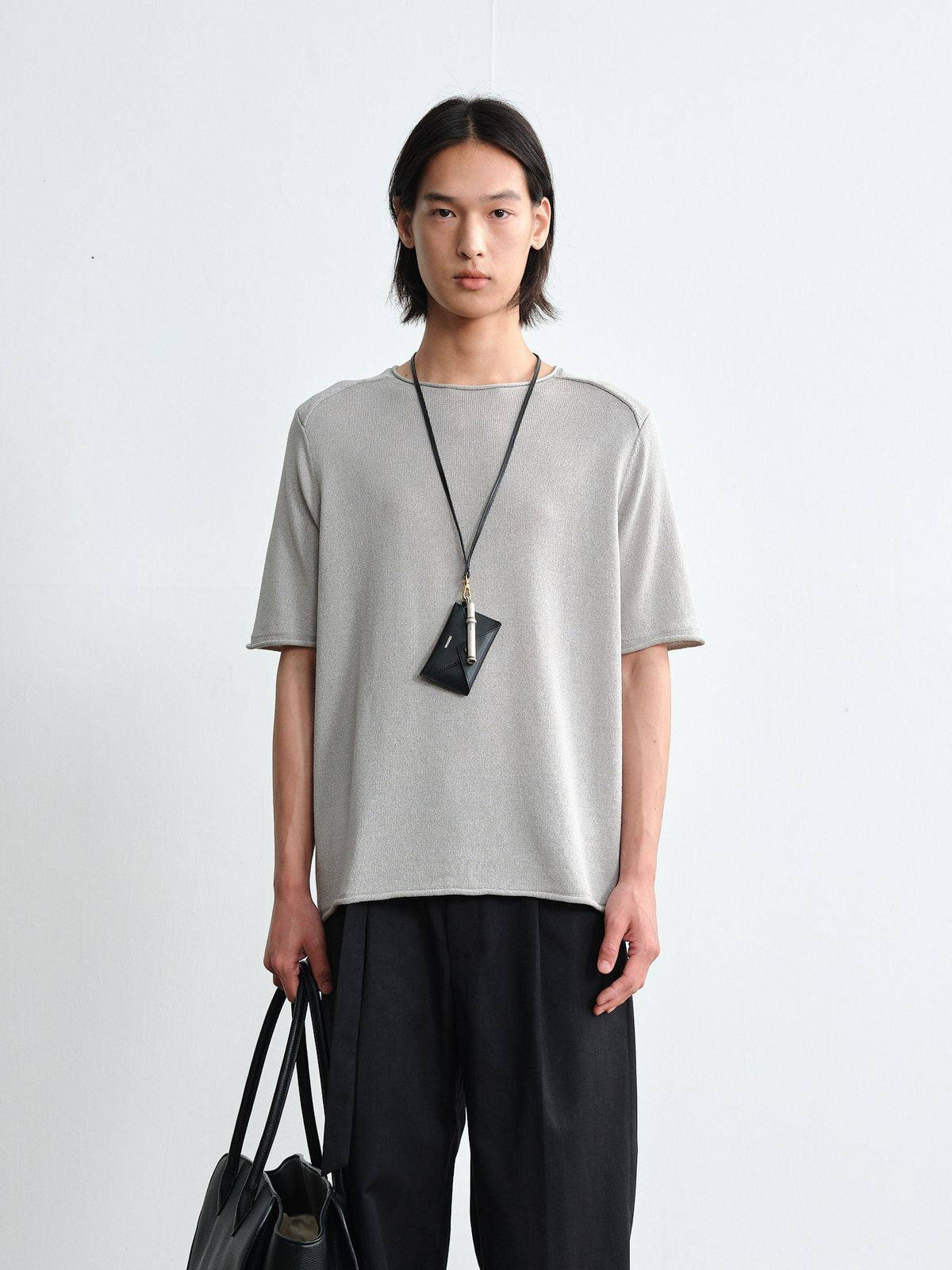 ROYA Rolled Edge Washi Silk Knit T Shirt in Gray - On Model