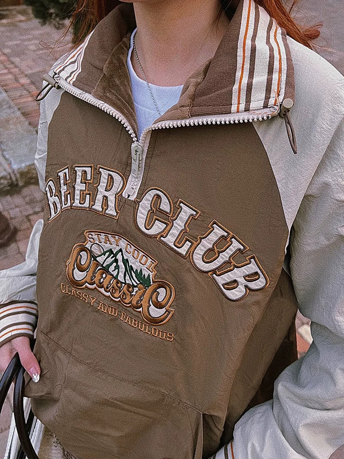 BeerBro Color Block Half Zip Sweatshirt in Beige