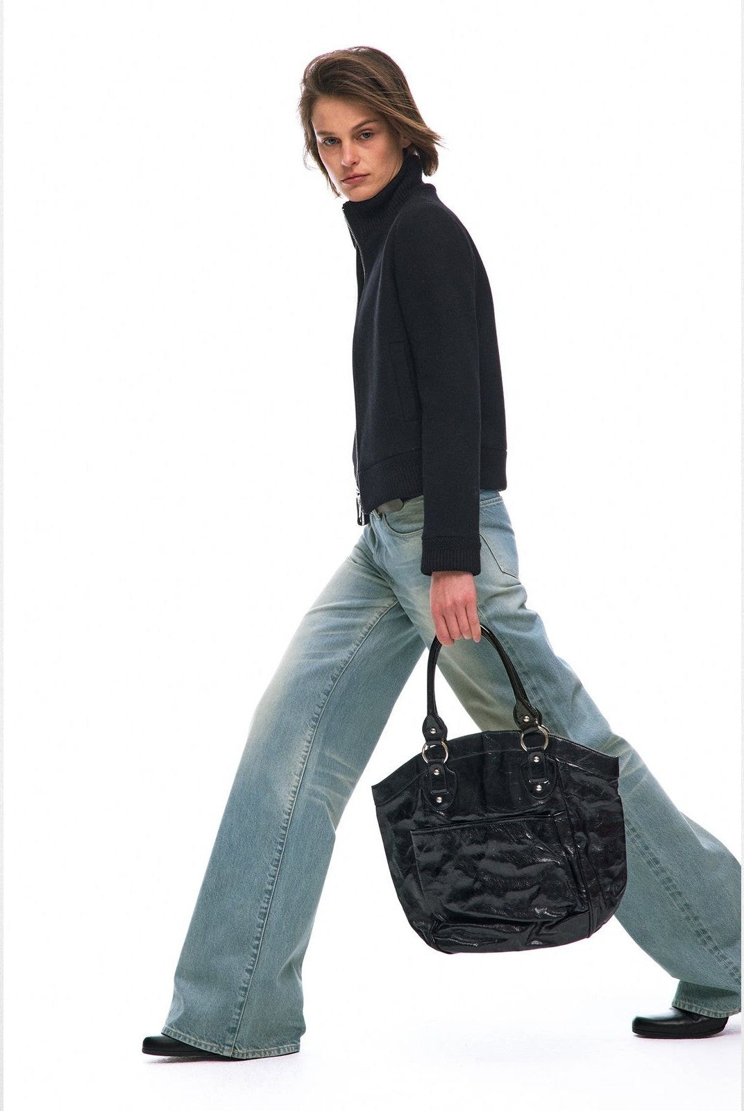 Alright then Lamb Wool Blend Double Zip Jacket in Black - On Model