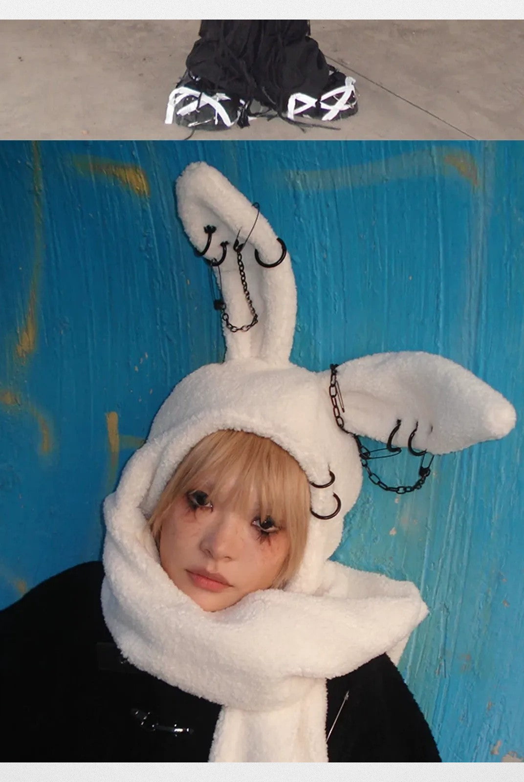CFIERCE Plush Bunny Scarf Hat in White - On Model
