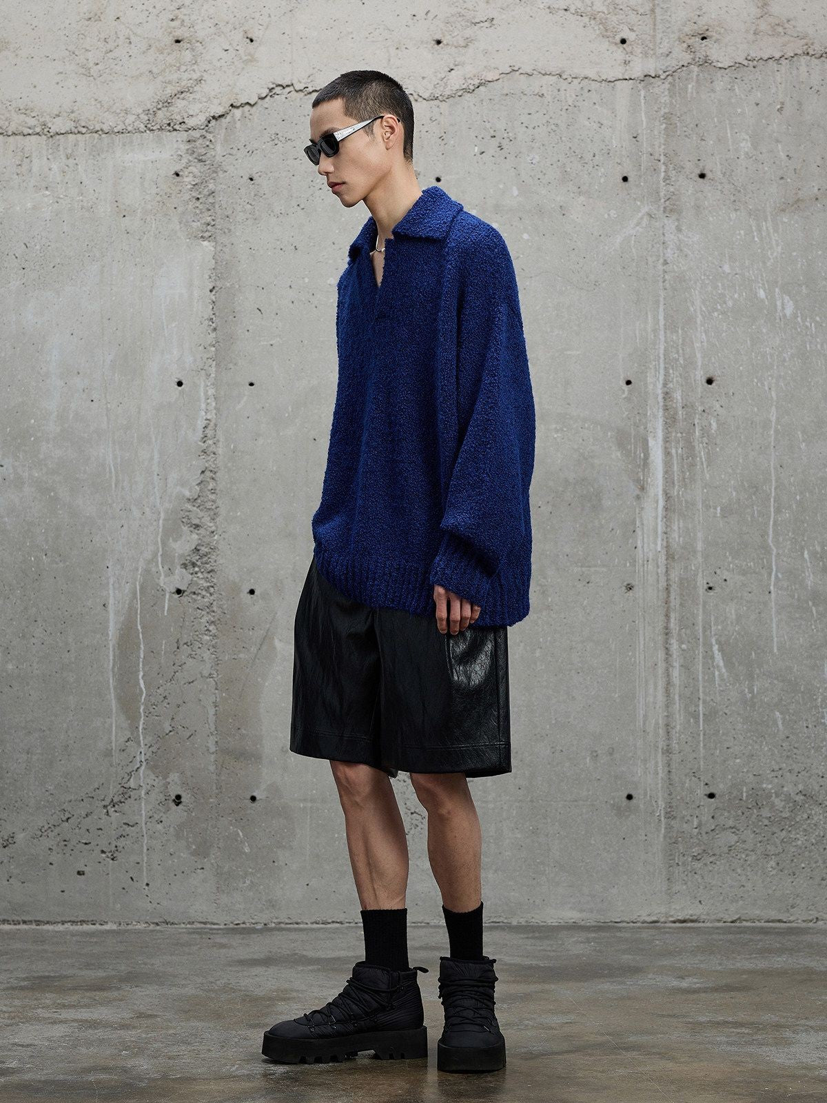 NANS Alpaca Blend Boucl Knit Polo in Blue - On Male Model