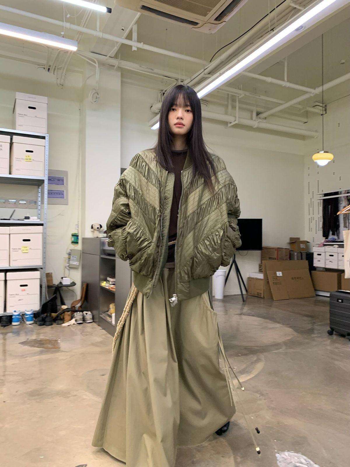 NeverSeez Handmade Pleated Bomber Jacket in Olive - On Female Model