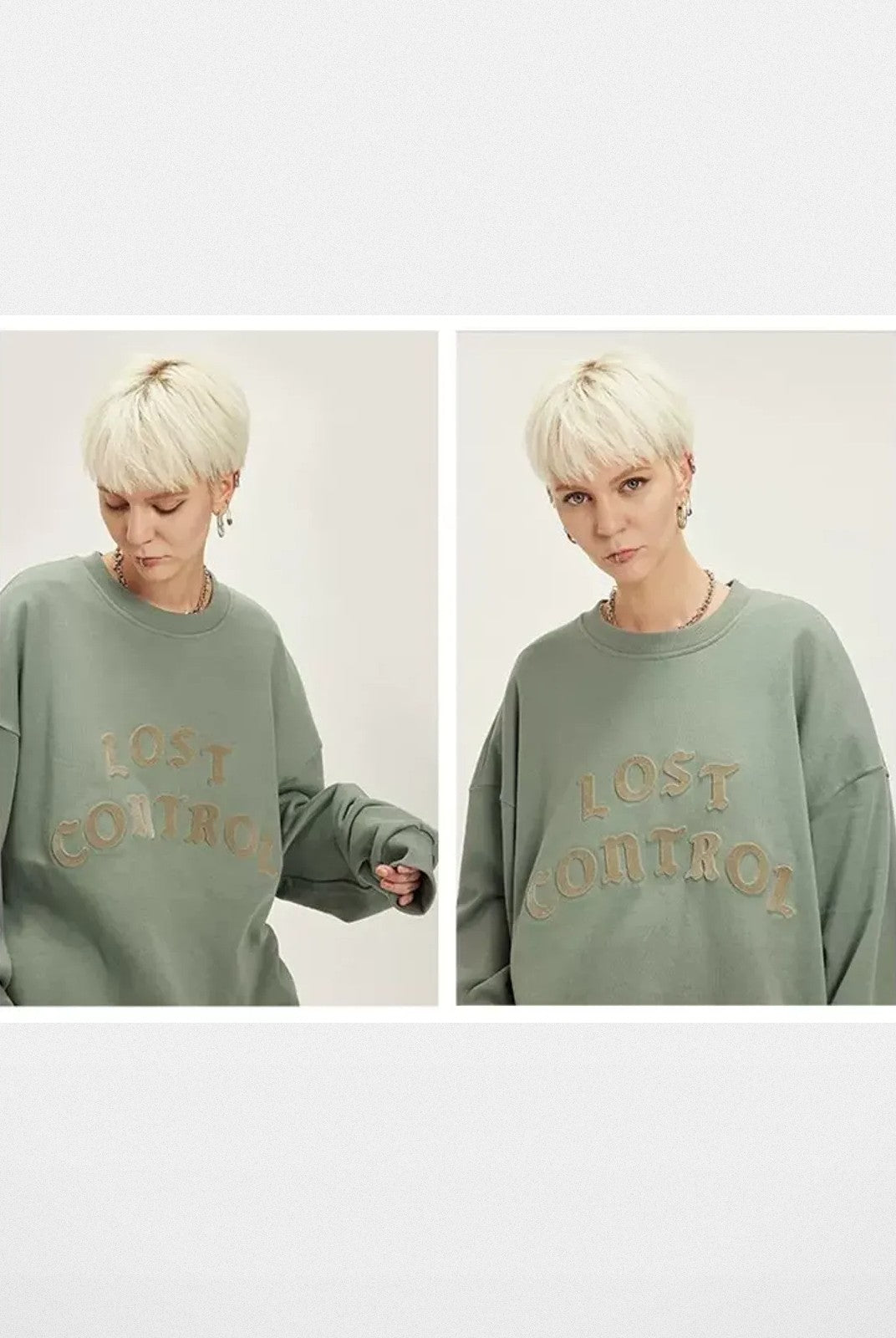 LOSTCTRL Chenille Logo Crewneck Sweatshirt in Mint - On Model