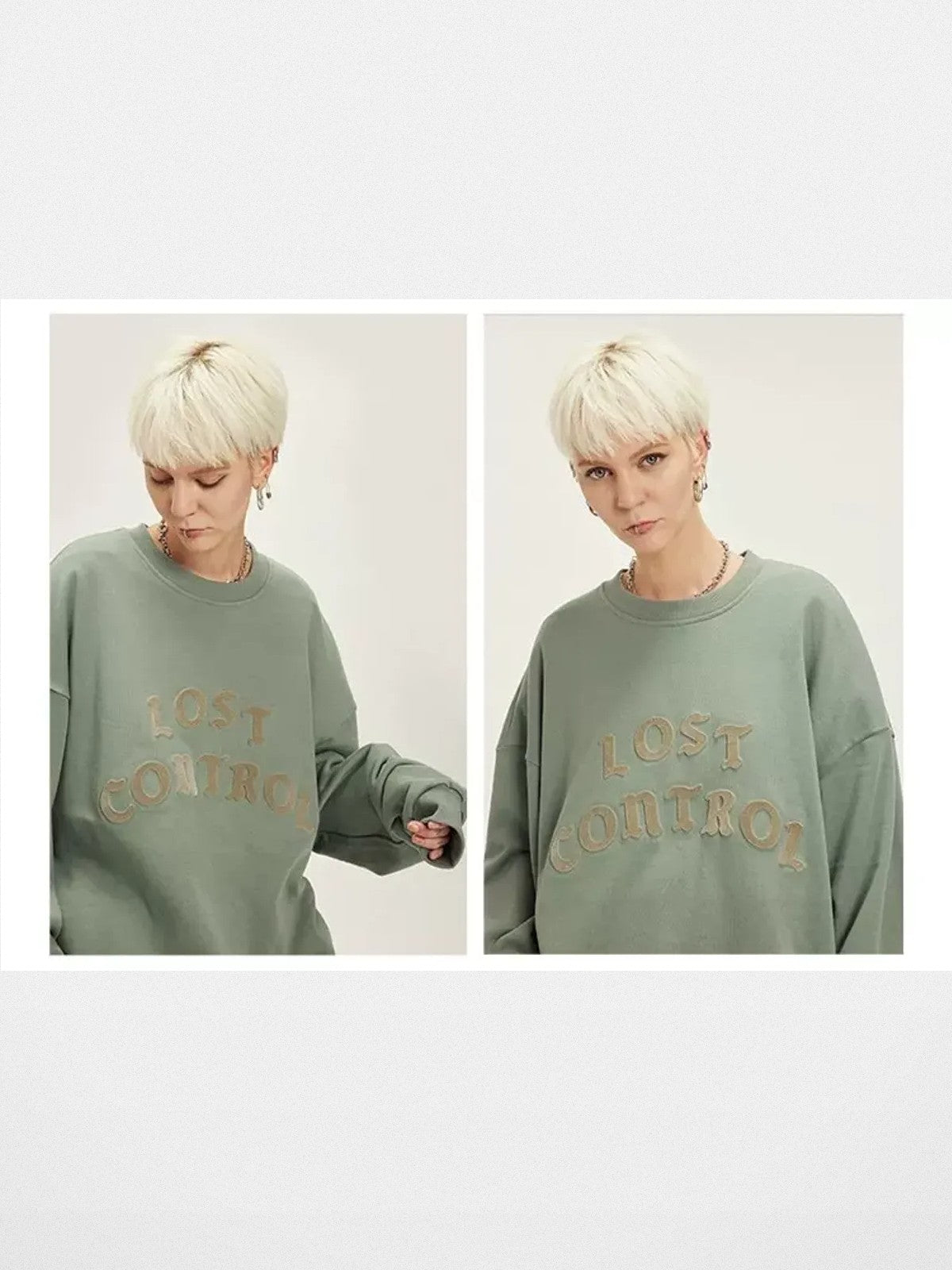 LOSTCTRL Chenille Logo Crewneck Sweatshirt in Mint - On Model
