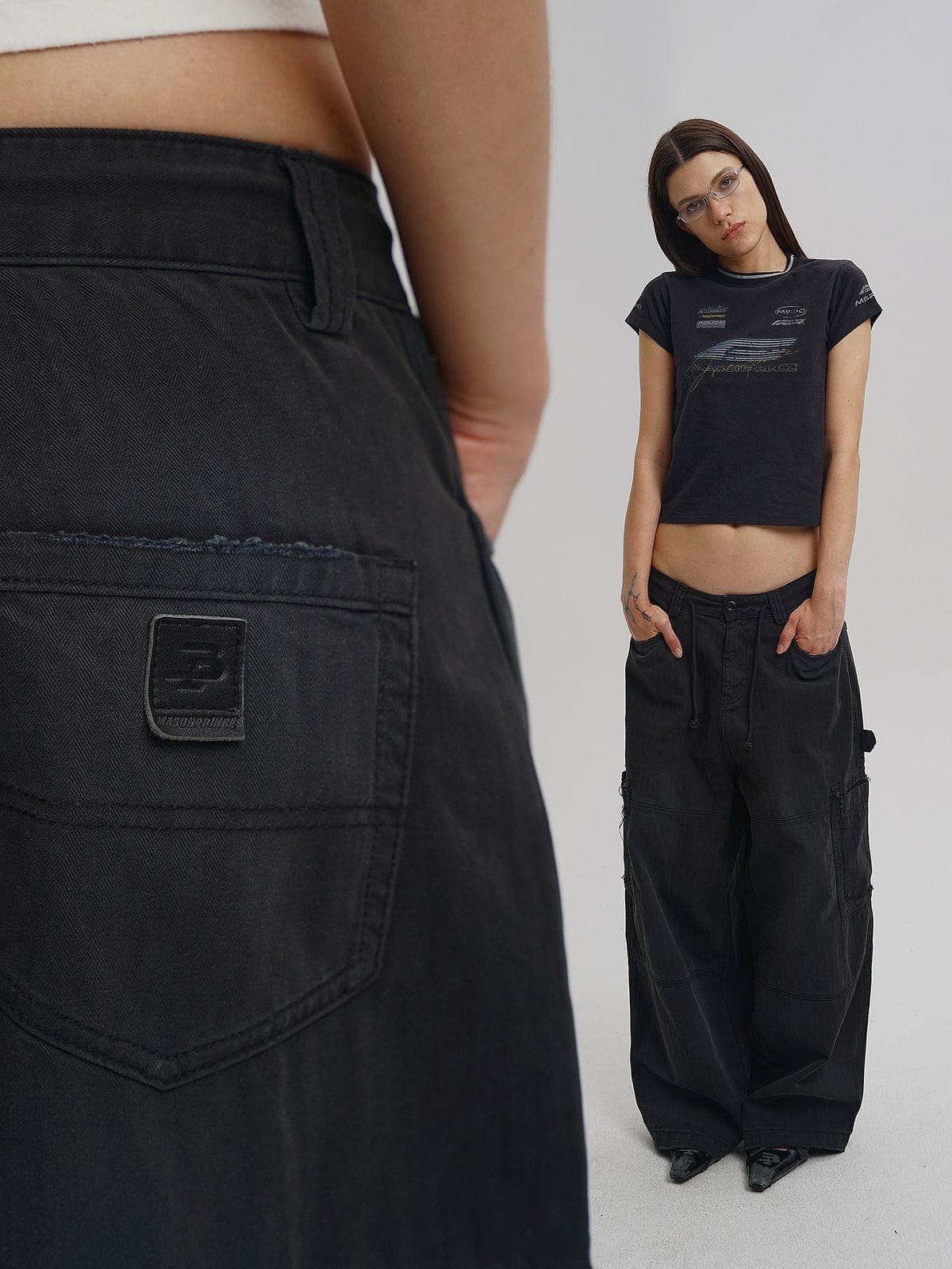 MasonPrince Distressed Wide Leg Cargo Pants in Gray - On Female Model
