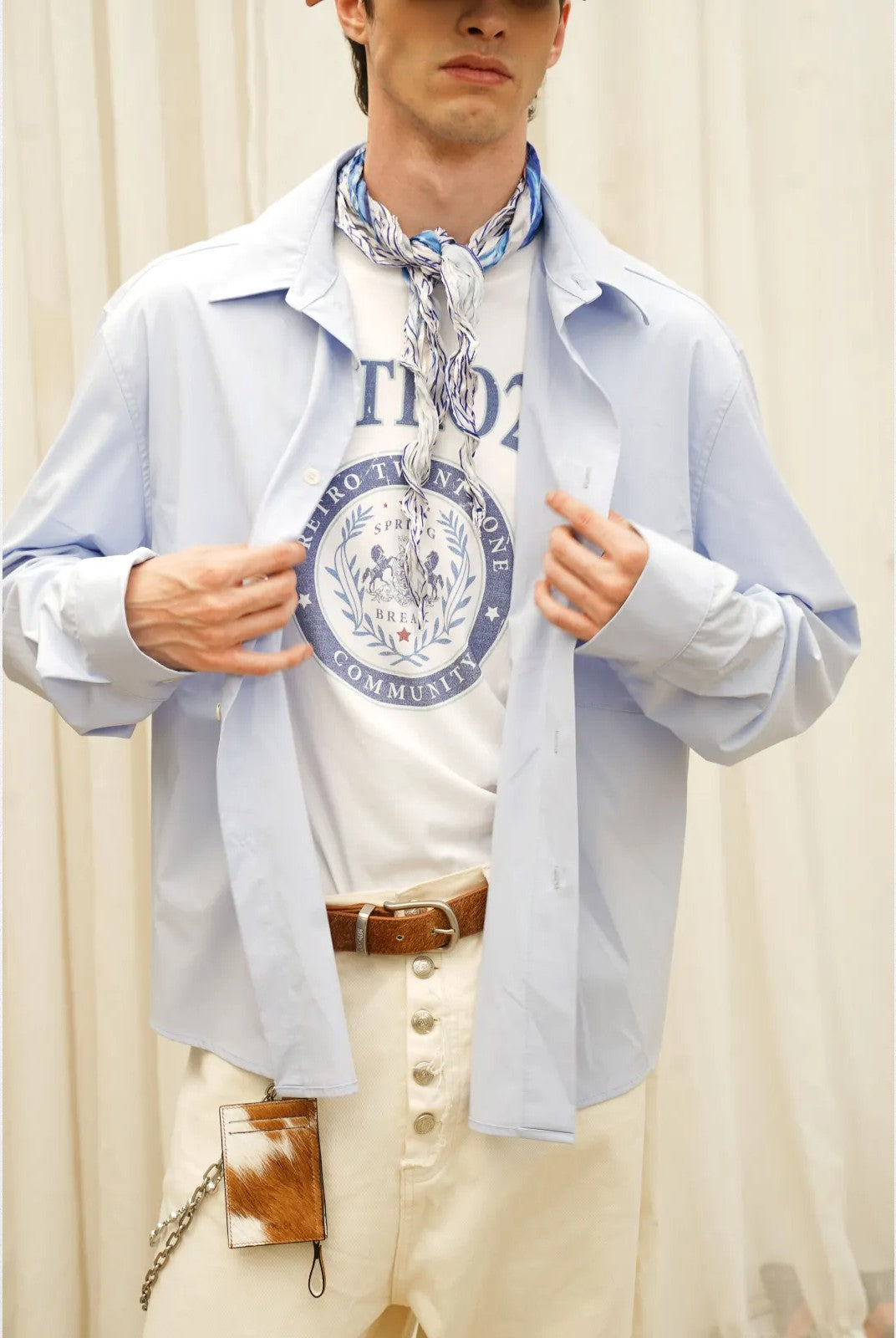 Retro 21 Bamboo Rayon Drop Shoulder Shirt in Sky Blue - On Model