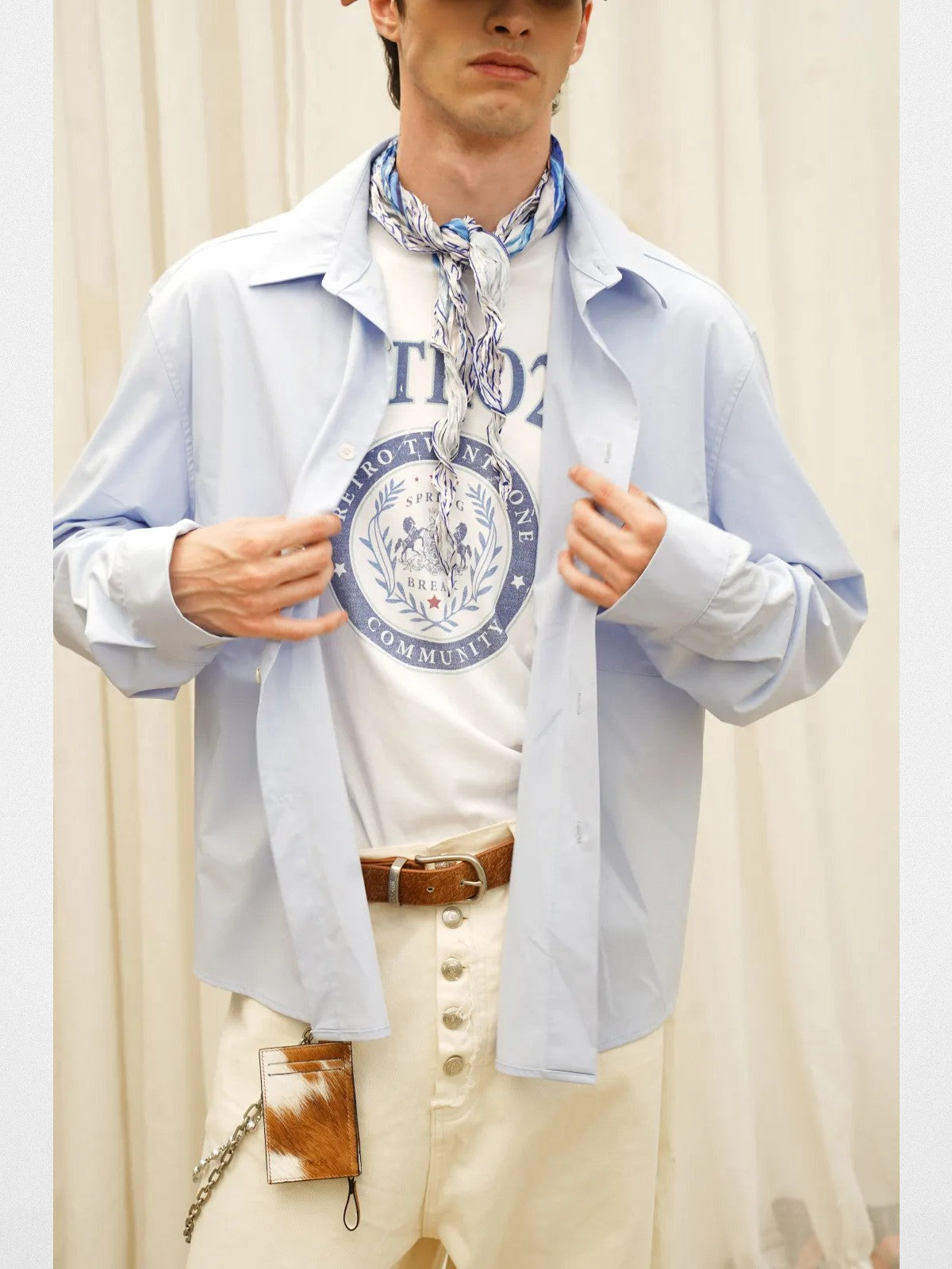 Retro 21 Bamboo Rayon Drop Shoulder Shirt in Sky Blue - On Model