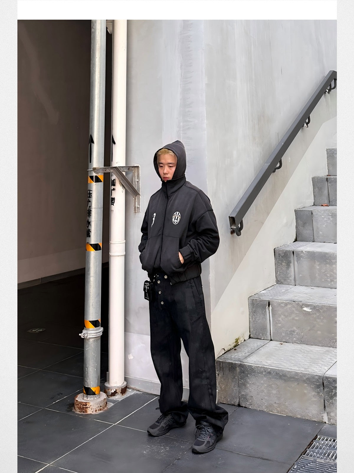 SOD Washed Layered Zip Up Hoodie in Black - On Model