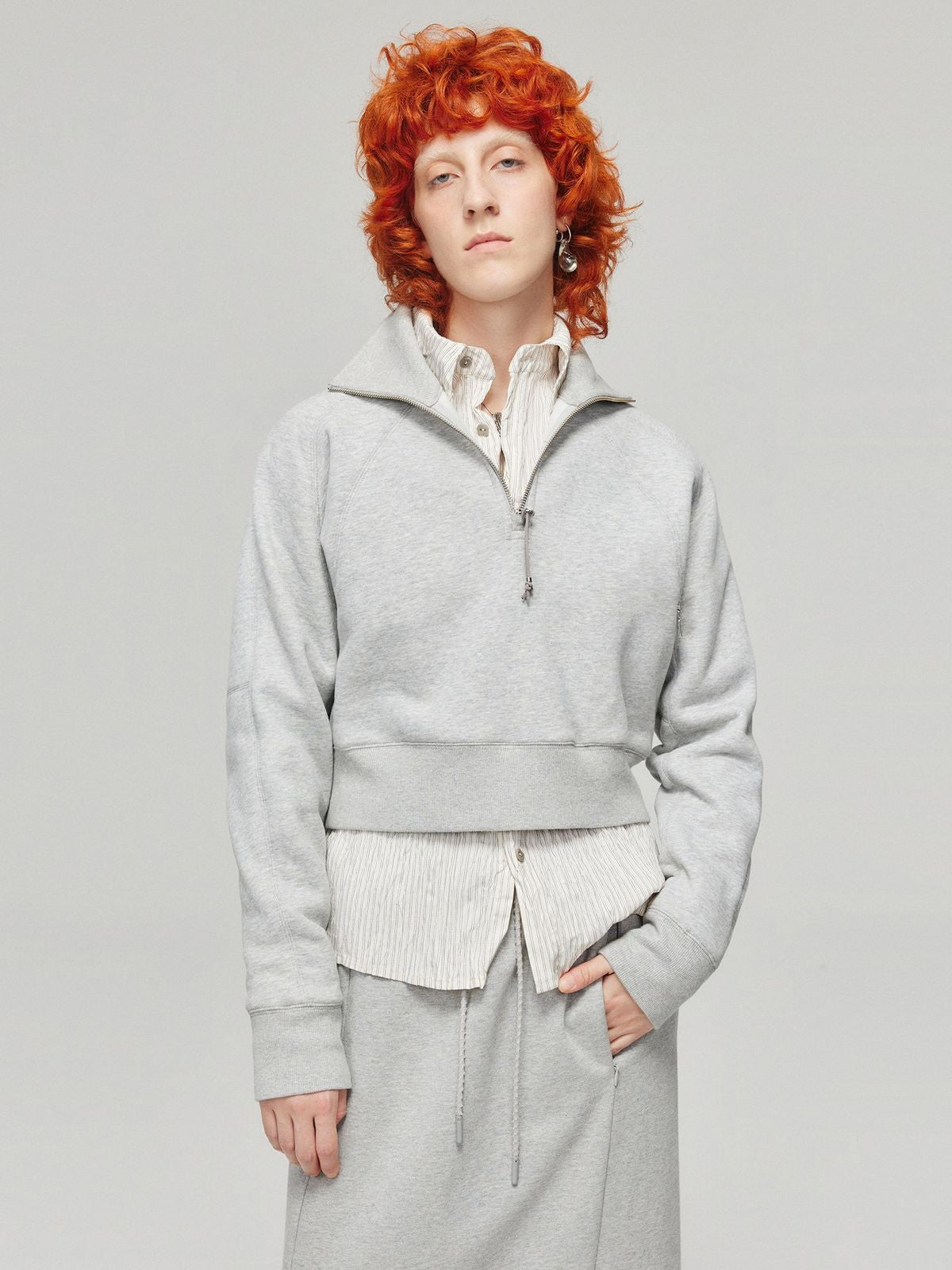 Simple Project Mock Neck Half Zip Sweatshirt in Gray - On Model