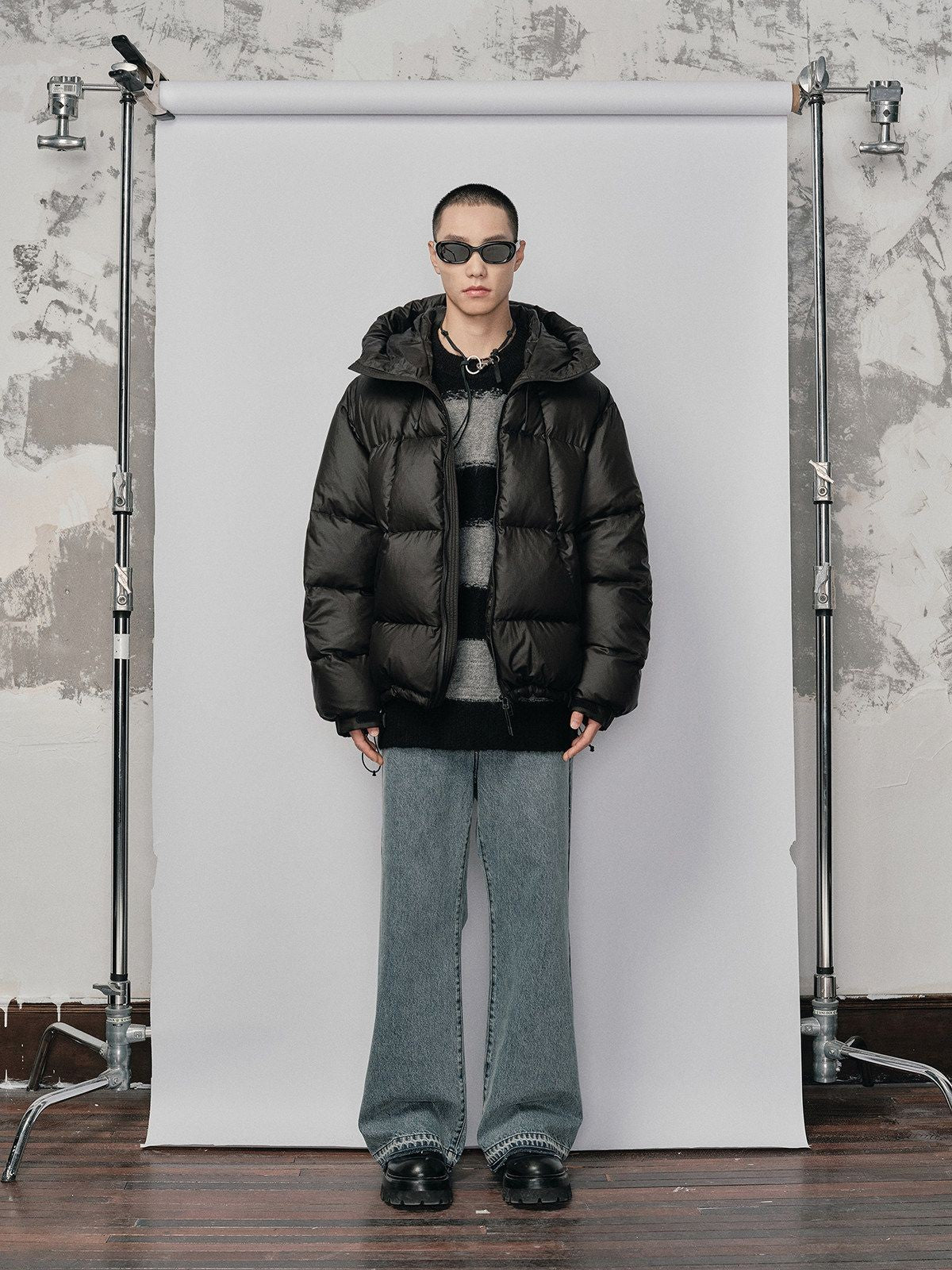 NANS Micro Check Hooded Down Puffer in Black - On Male Model