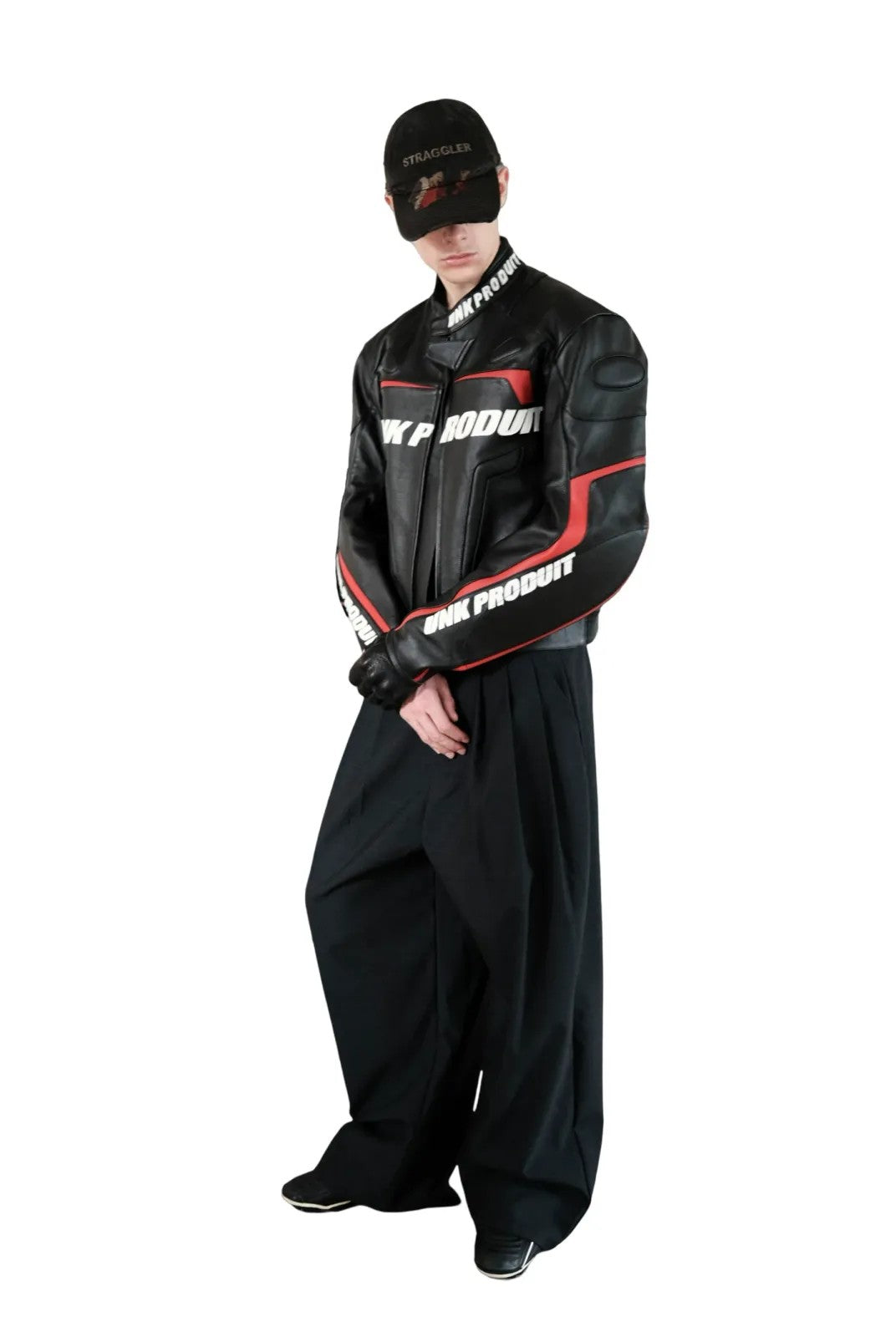 UNKNOWNWORLD Cowhide Leather Racing Jacket in Black - On Model