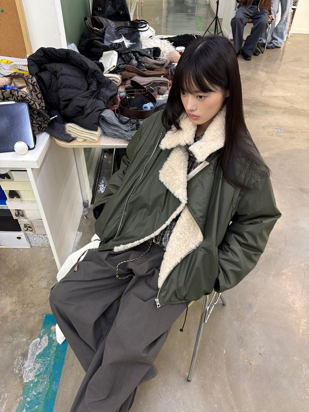 NeverSeez Asymmetric Zip Sherpa Collar Jacket in Green - On Model