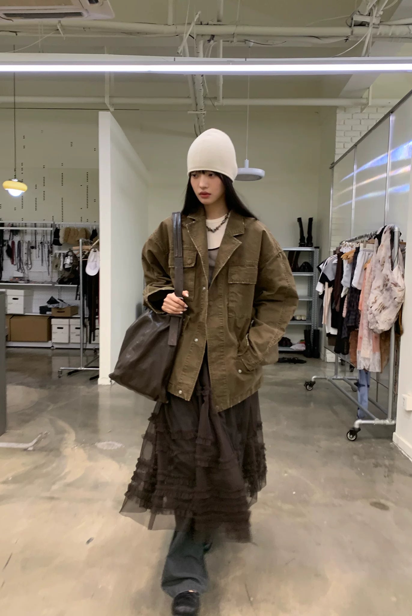 NeverSeez Tiered Ruffle Mesh Maxi Dress in Brown