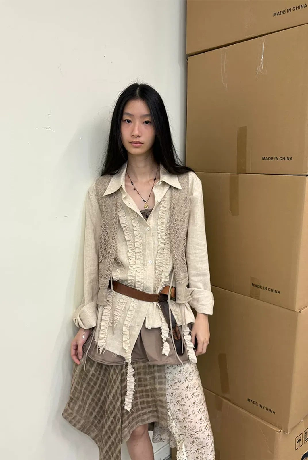 NeverSeez Lyocell Linen Fringe Shirt in Gray - On Model