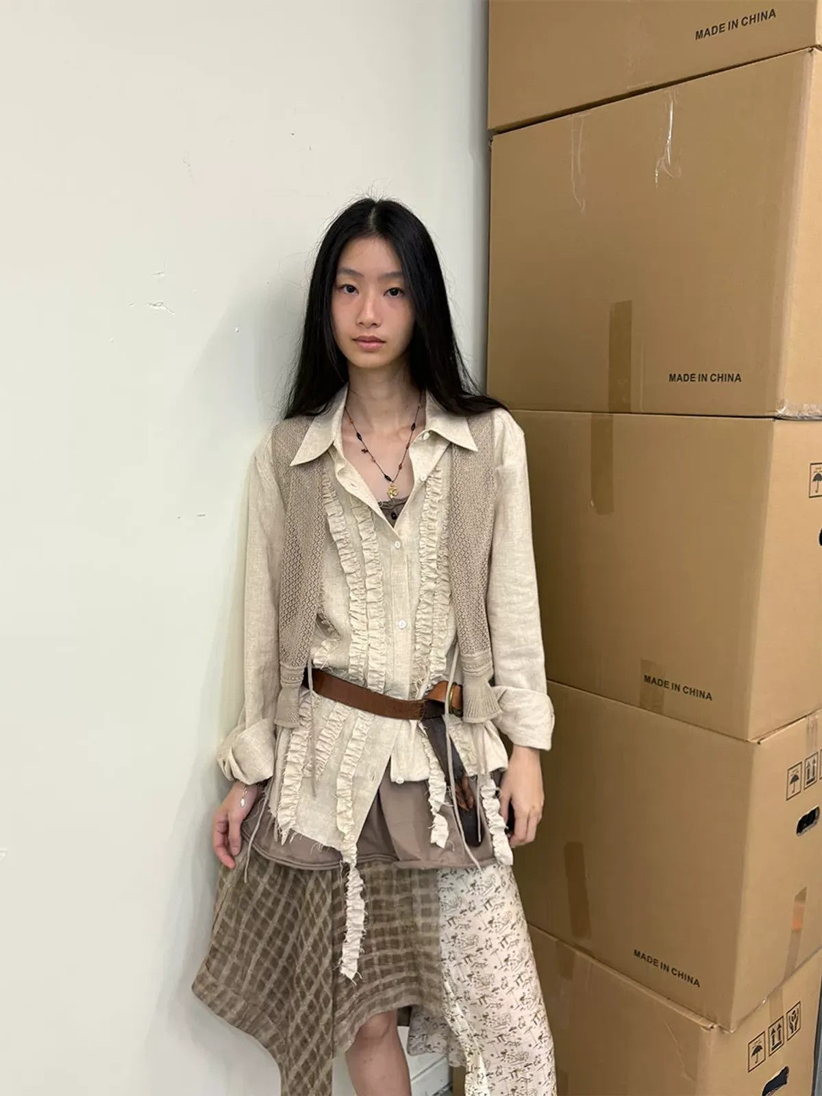 NeverSeez Lyocell Linen Fringe Shirt in Gray - On Female Model