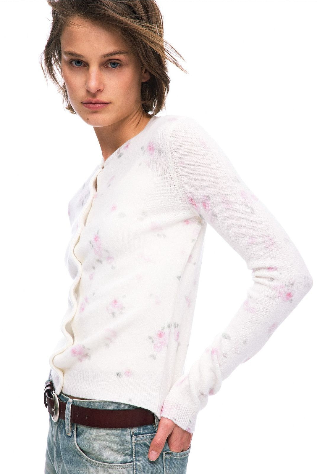 Alright then Watercolor Floral Wool Cardigan in White - On Model