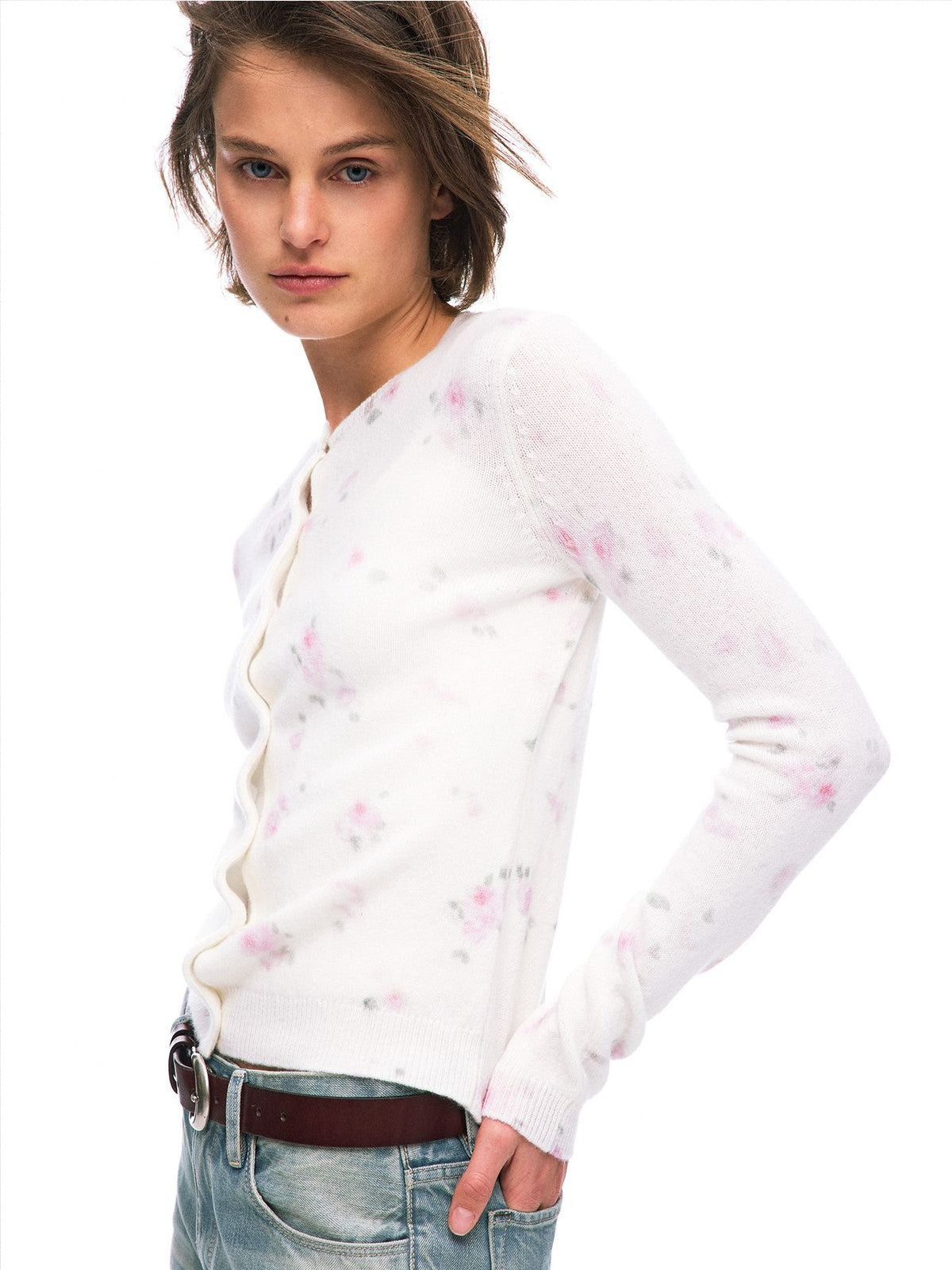 Alright then Watercolor Floral Wool Cardigan in White - On Model