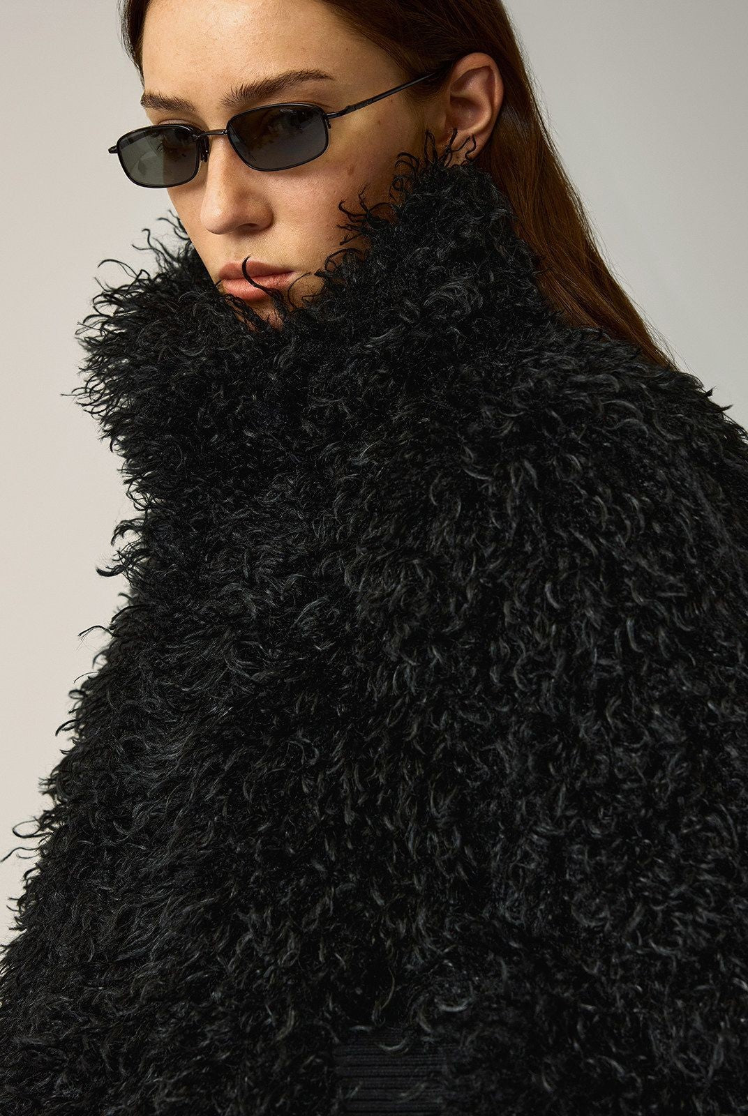 Alright then Faux Mongolian Lamb Fur Jacket in Black - On Model