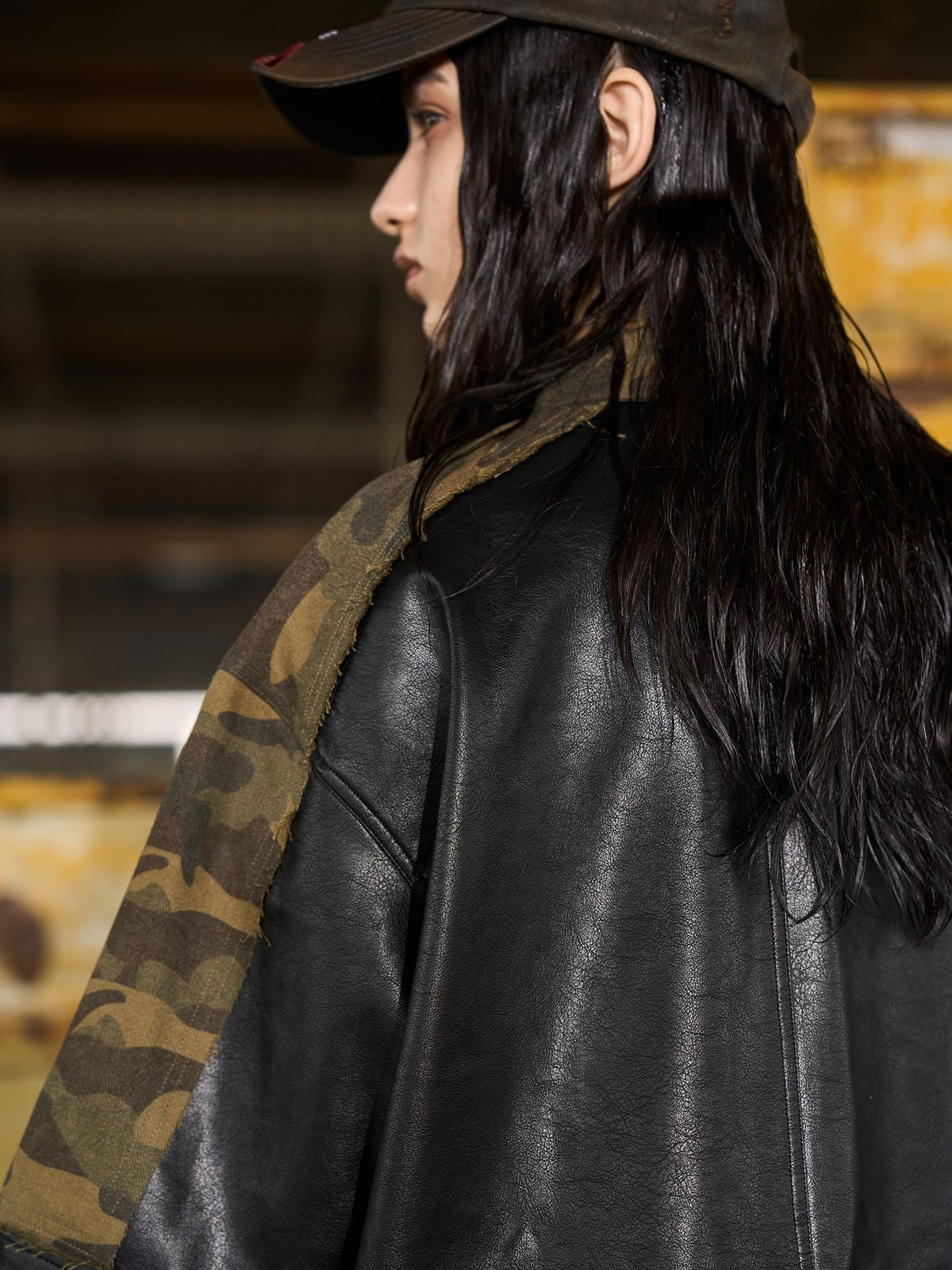 BLINDNOPLAN Camo Spliced Faux Leather Shirt in Olive - On Model