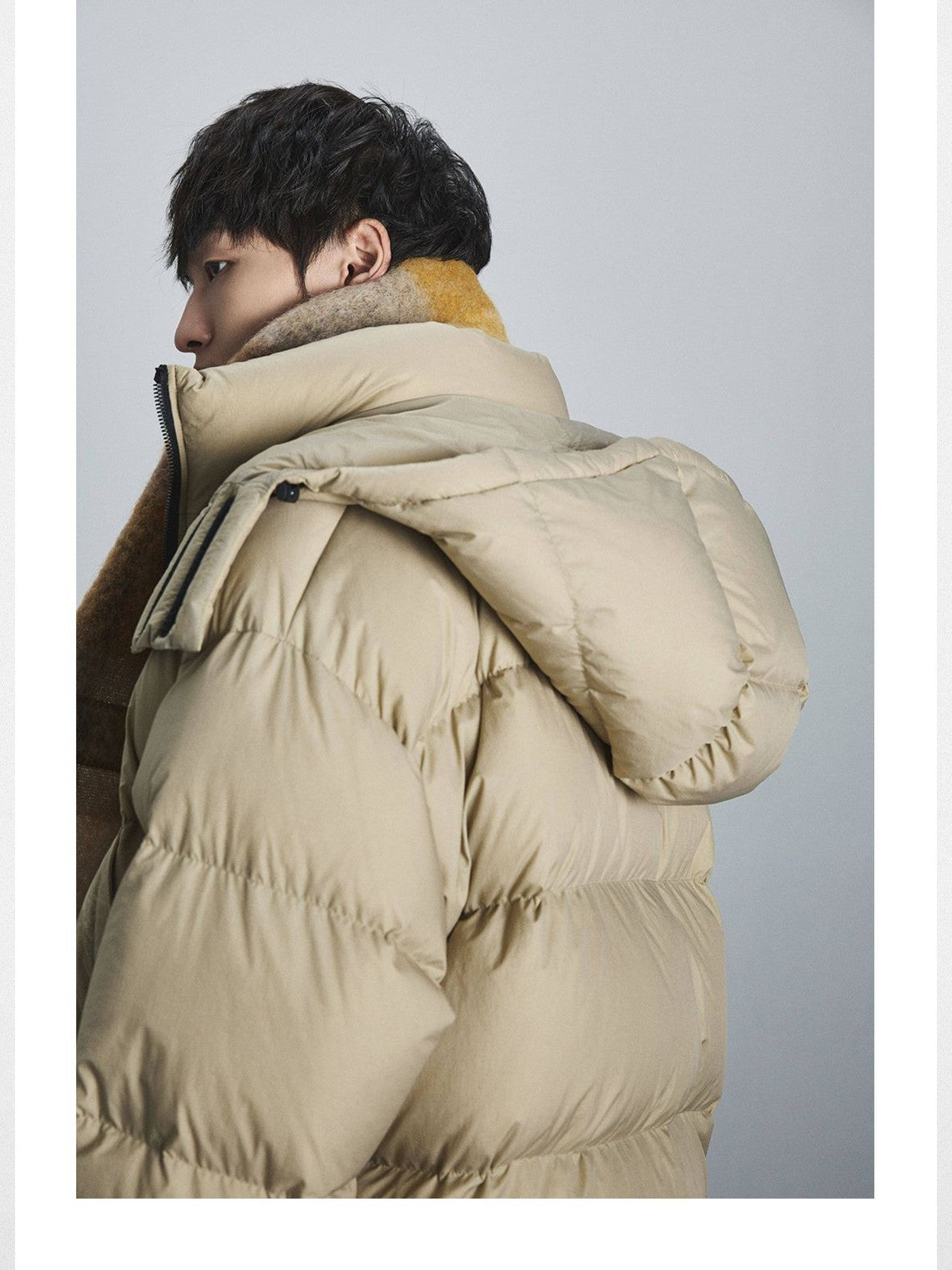 NANS Detachable Hood Crinkled Down Puffer in Beige - On Model