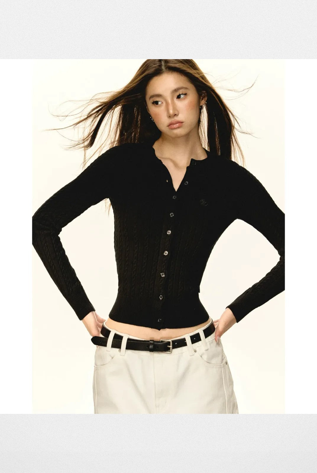 ARISEISM Slim Cable Knit Cardigan in Gray