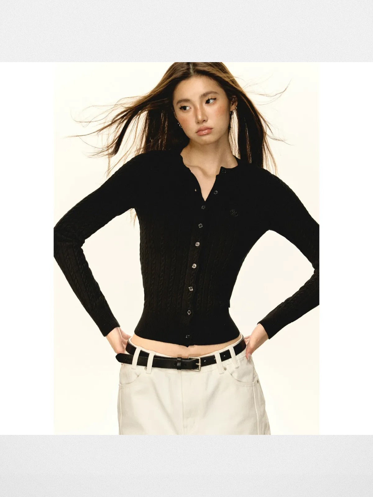ARISEISM Slim Cable Knit Cardigan in Black
