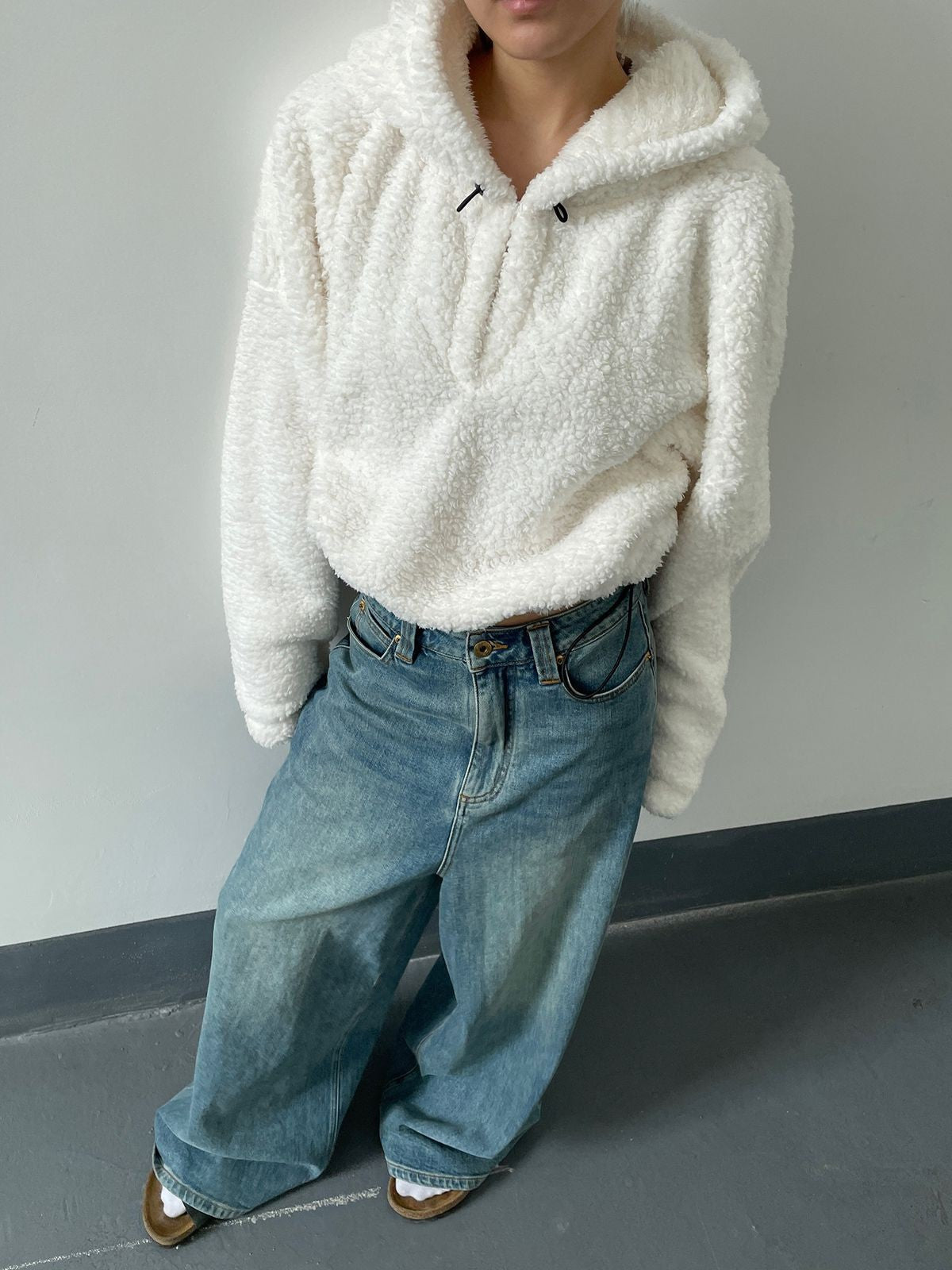 Alright then Oversized Teddy Fleece Hoodie in White - On Model