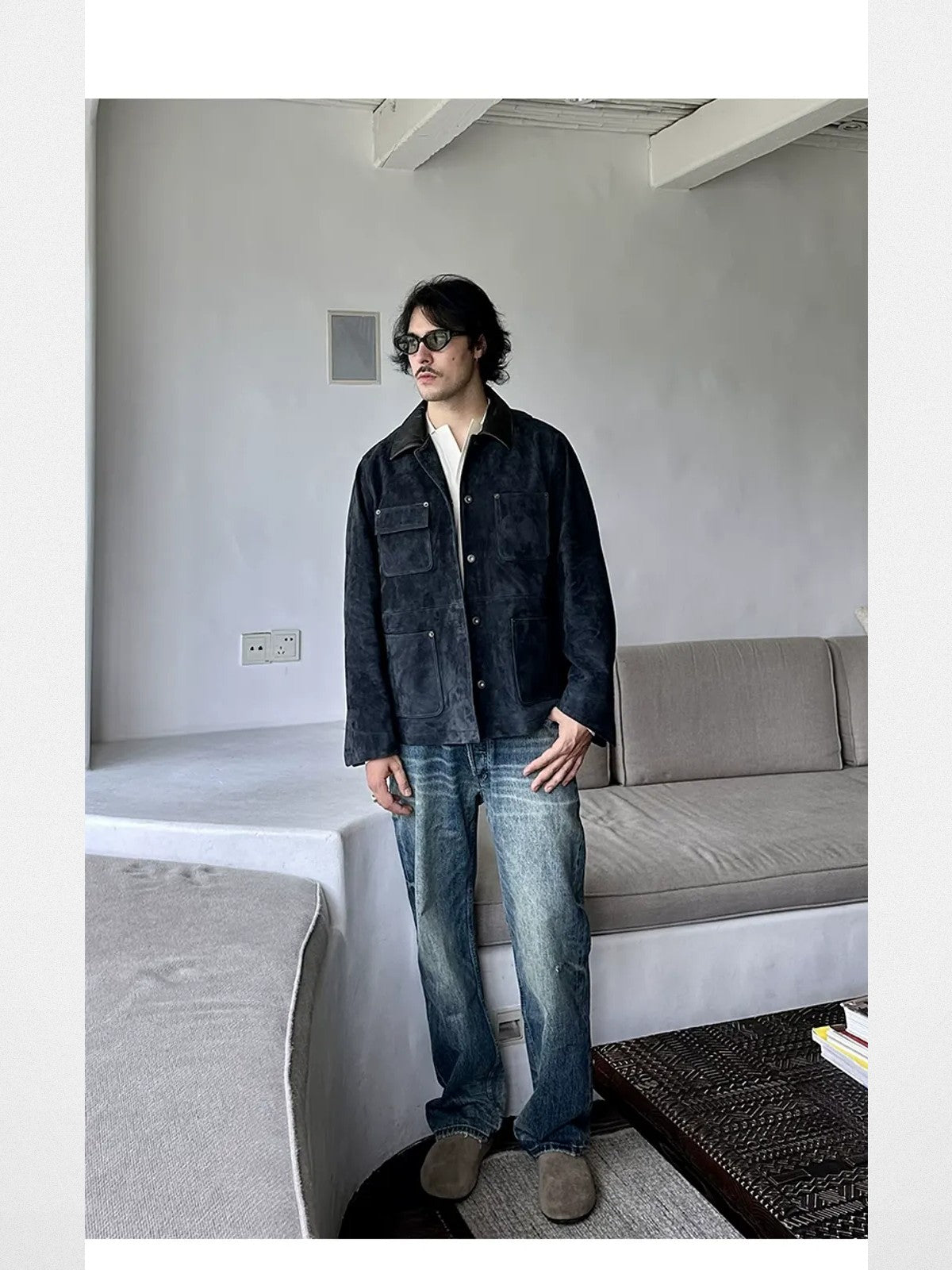 Roolrren Homme Suede Michigan Work Jacket in Navy Blue - On Model