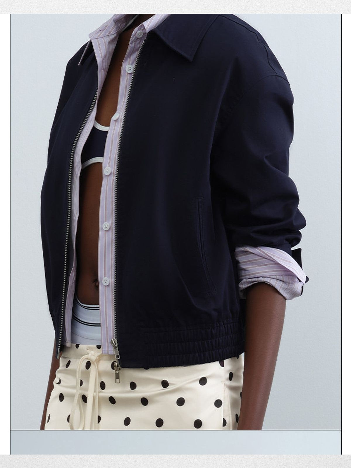 RARELY ALIKE Faux Layered Striped Collar Jacket in Navy Blue - On Model