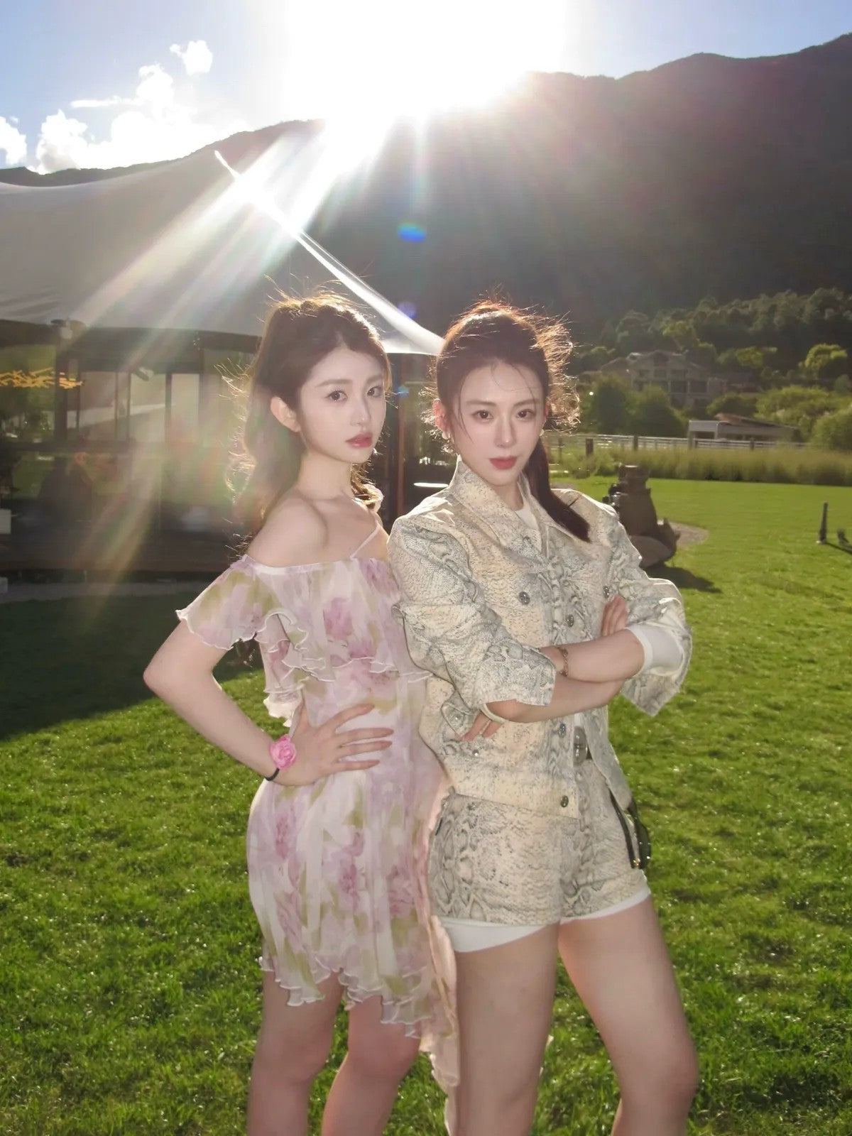 1S Studio Asymmetric Floral Ruffle Dress in Purple - On Model