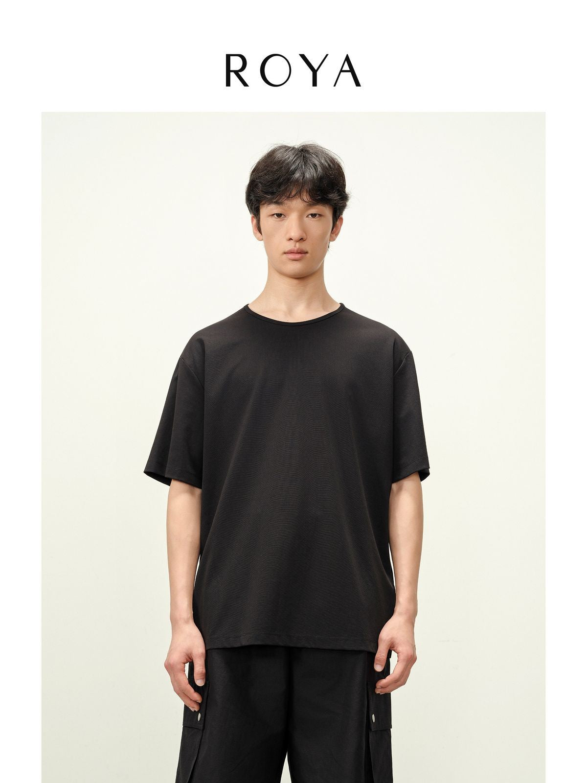 ROYA Textured Modal Wool Ponte T Shirt in Black - On Model