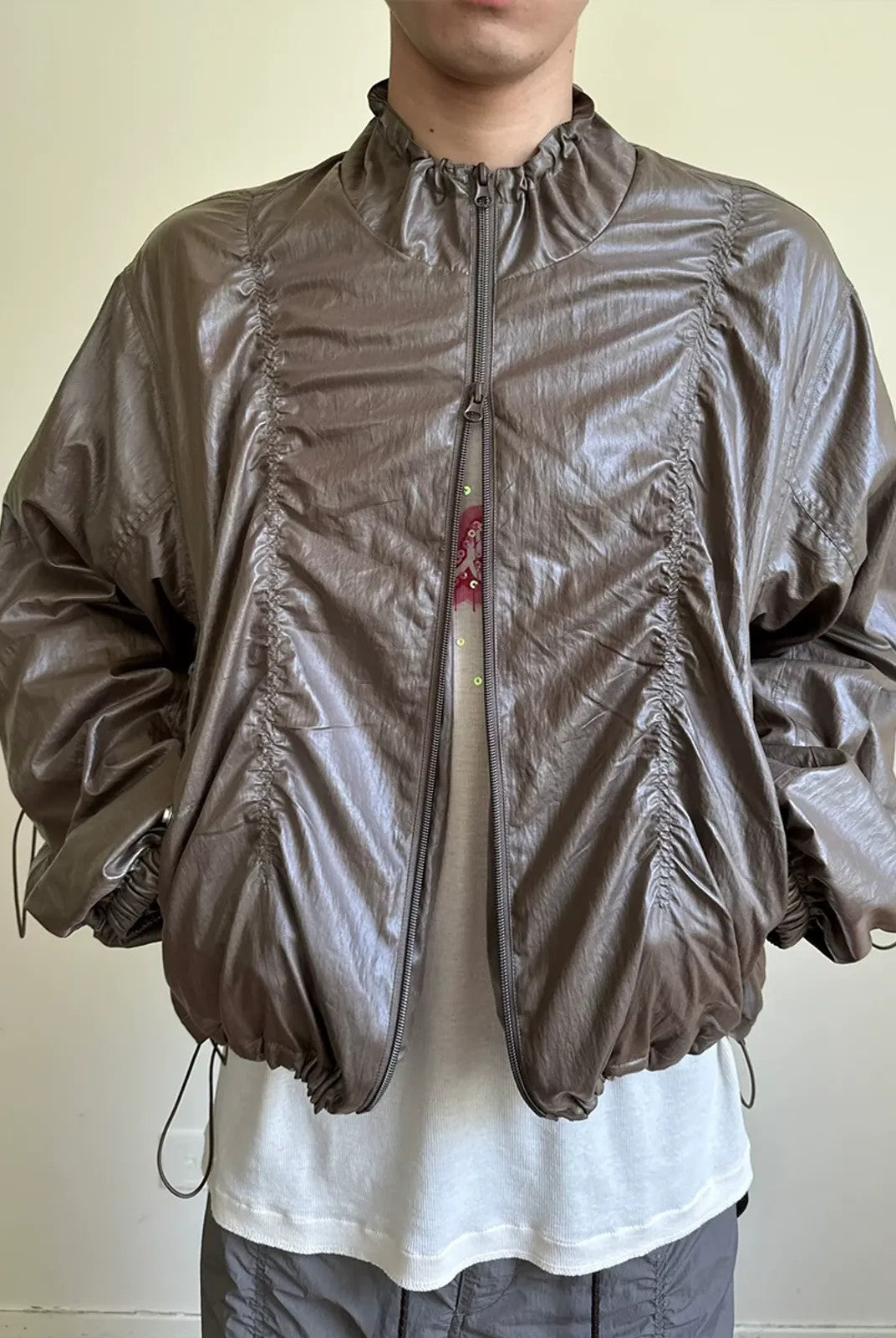 NeverSeez Glossy Ruched Tencel Windbreaker in Coffee - On Model