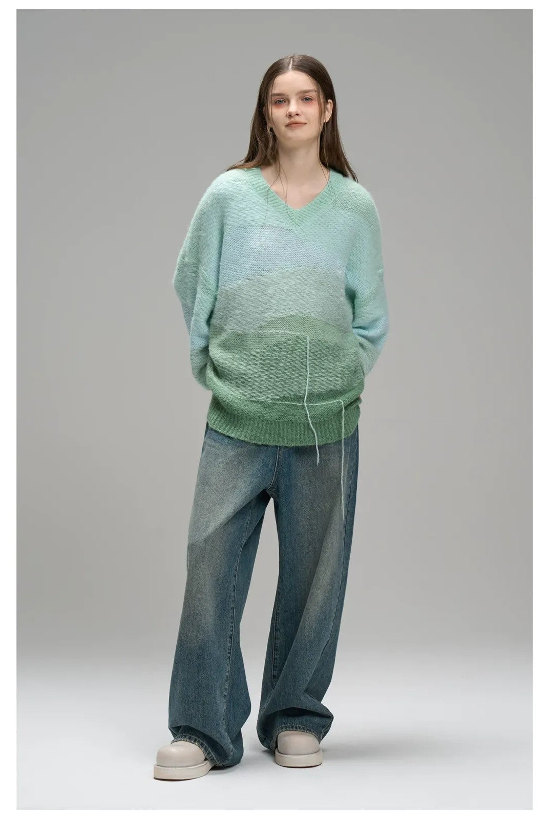 LOSTCTRL Gradient Fringe V Neck Sweater in Pink