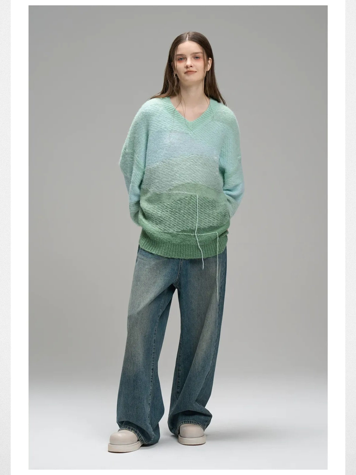 LOSTCTRL Gradient Fringe V Neck Sweater in Green