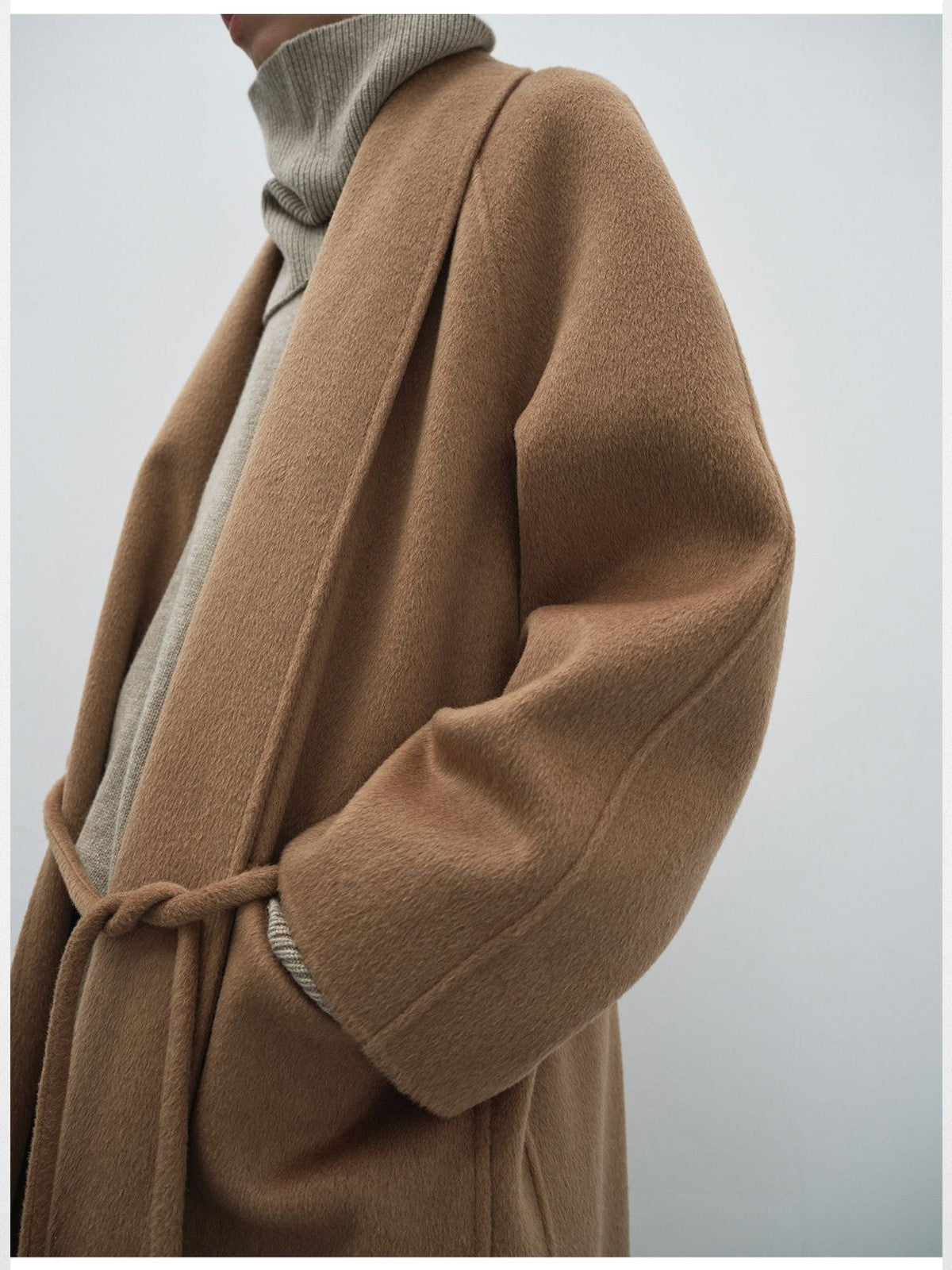 RandomPiece Merino Wool Camel Hair Robe Coat in Brown - Detail