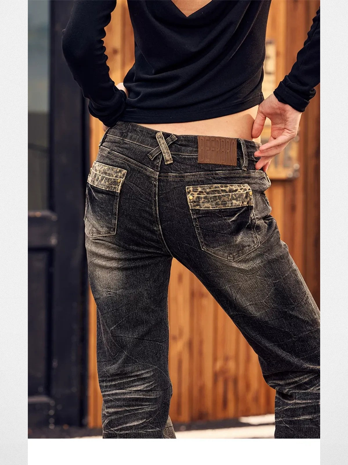 BeerBro Studded Leopard Micro Flare Jeans in Black - On Model