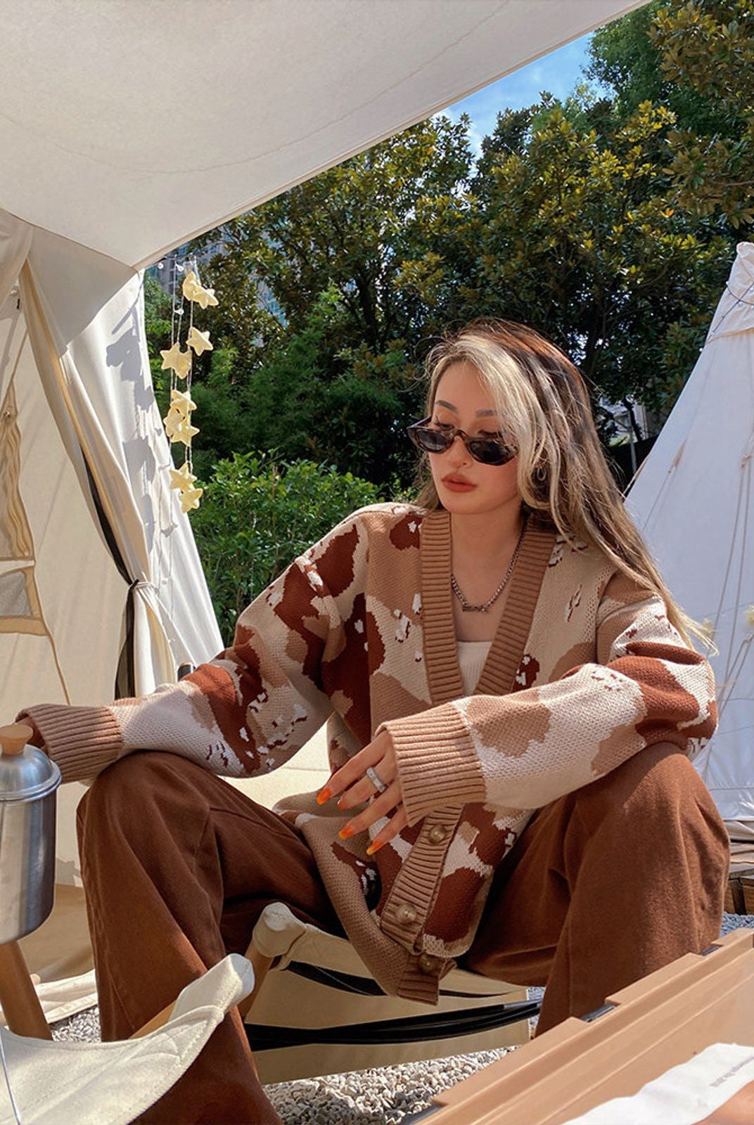 BeerBro Oversized Camo Knit Sweater in Beige