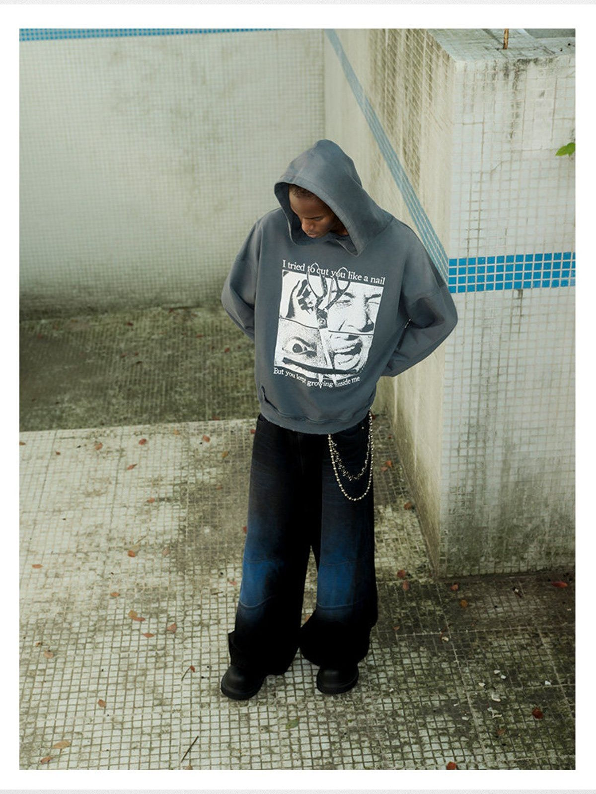TRIANGLE PROJECT Heavyweight Distressed Graphic Hoodie in Gray - On Model