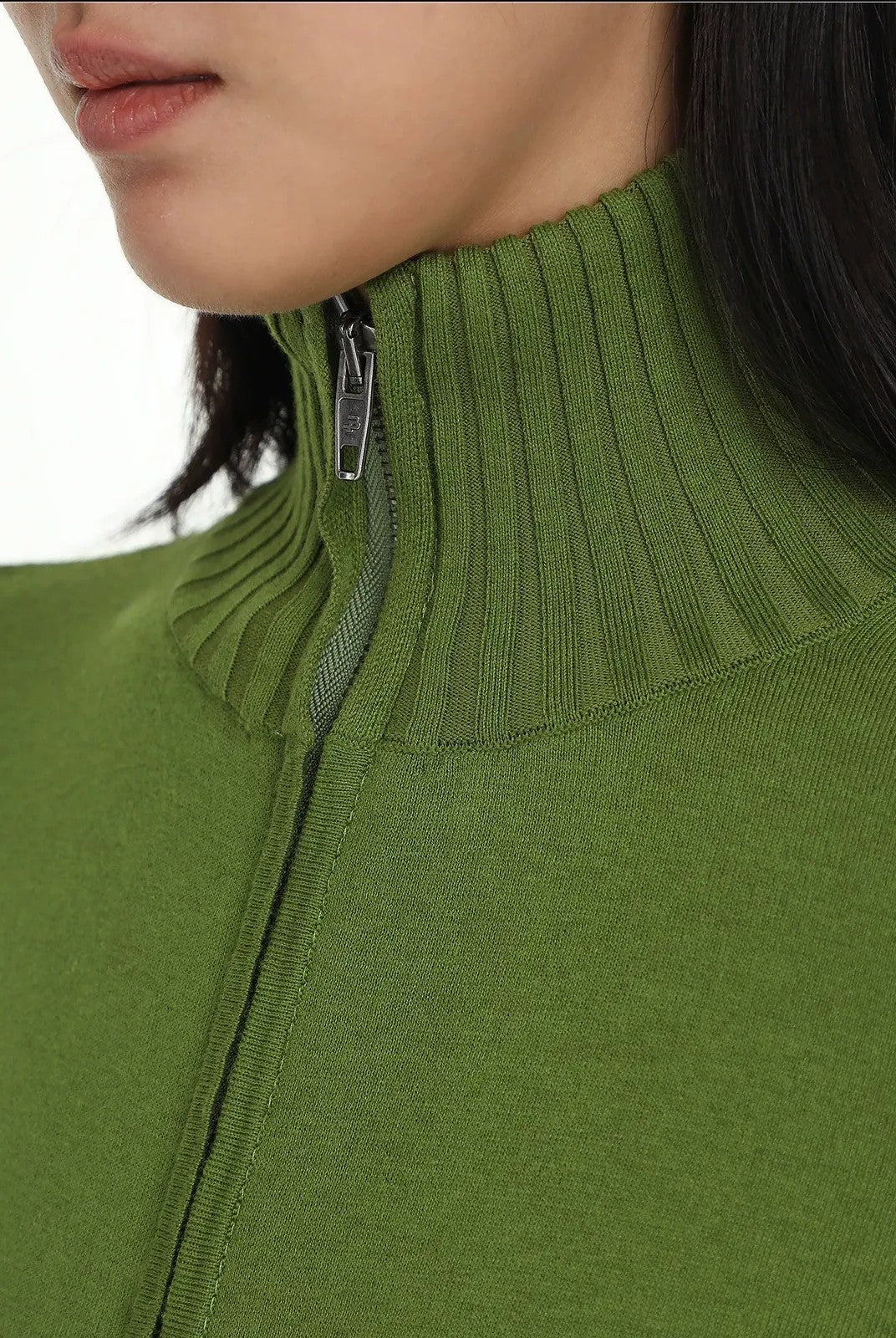 MASONPRINCE High Neck Cotton Blend Cardigan in Green - On Model