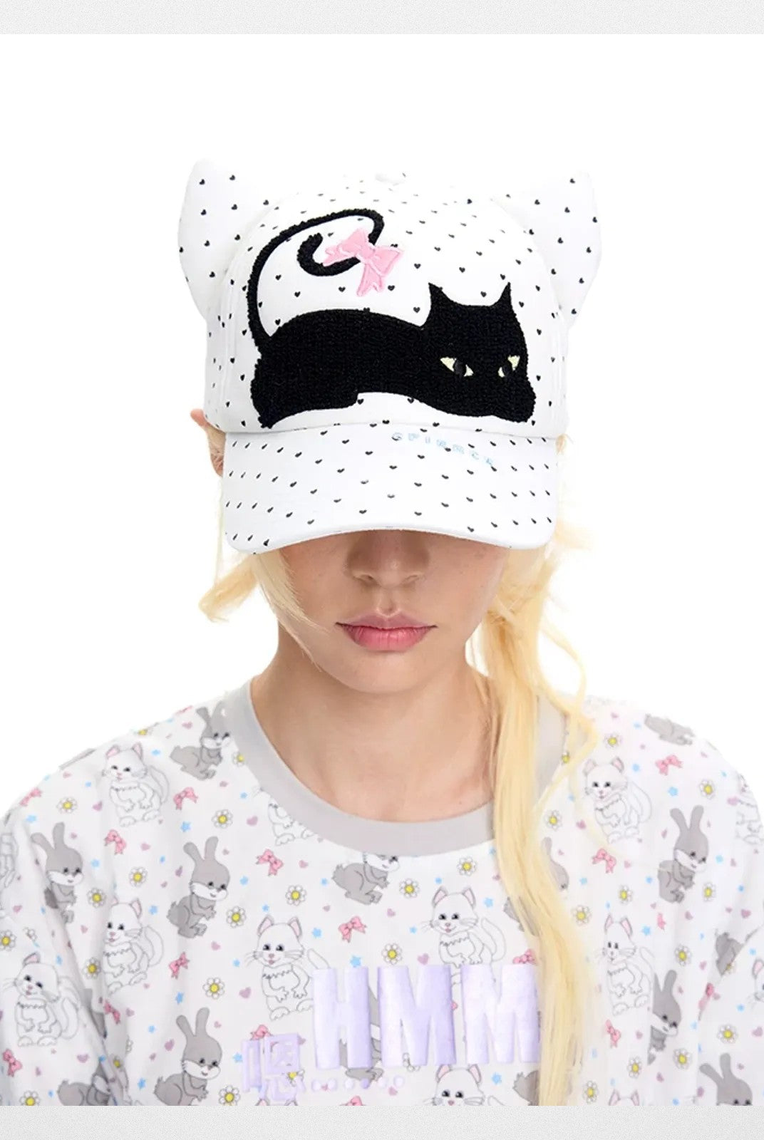 CFIERCE Embroidered Cat Ear Baseball Cap in White - On Model