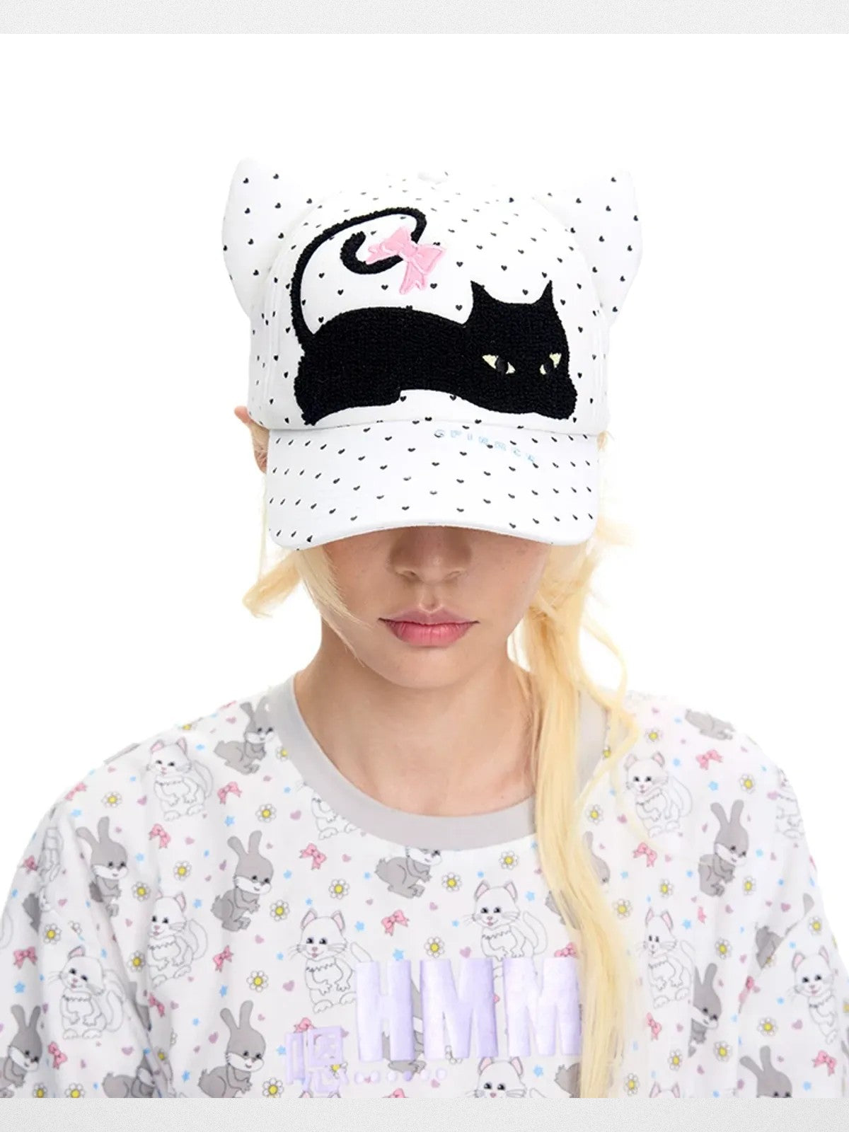 CFIERCE Embroidered Cat Ear Baseball Cap in White - On Female Model