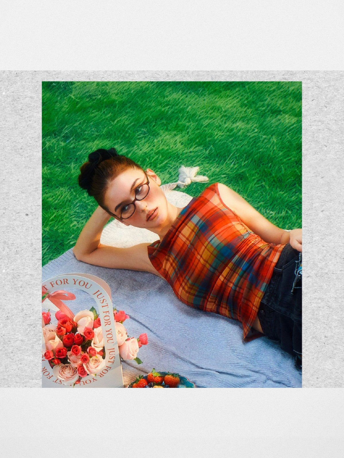 Amee Ruched Plaid Mesh Top in Red - On Model