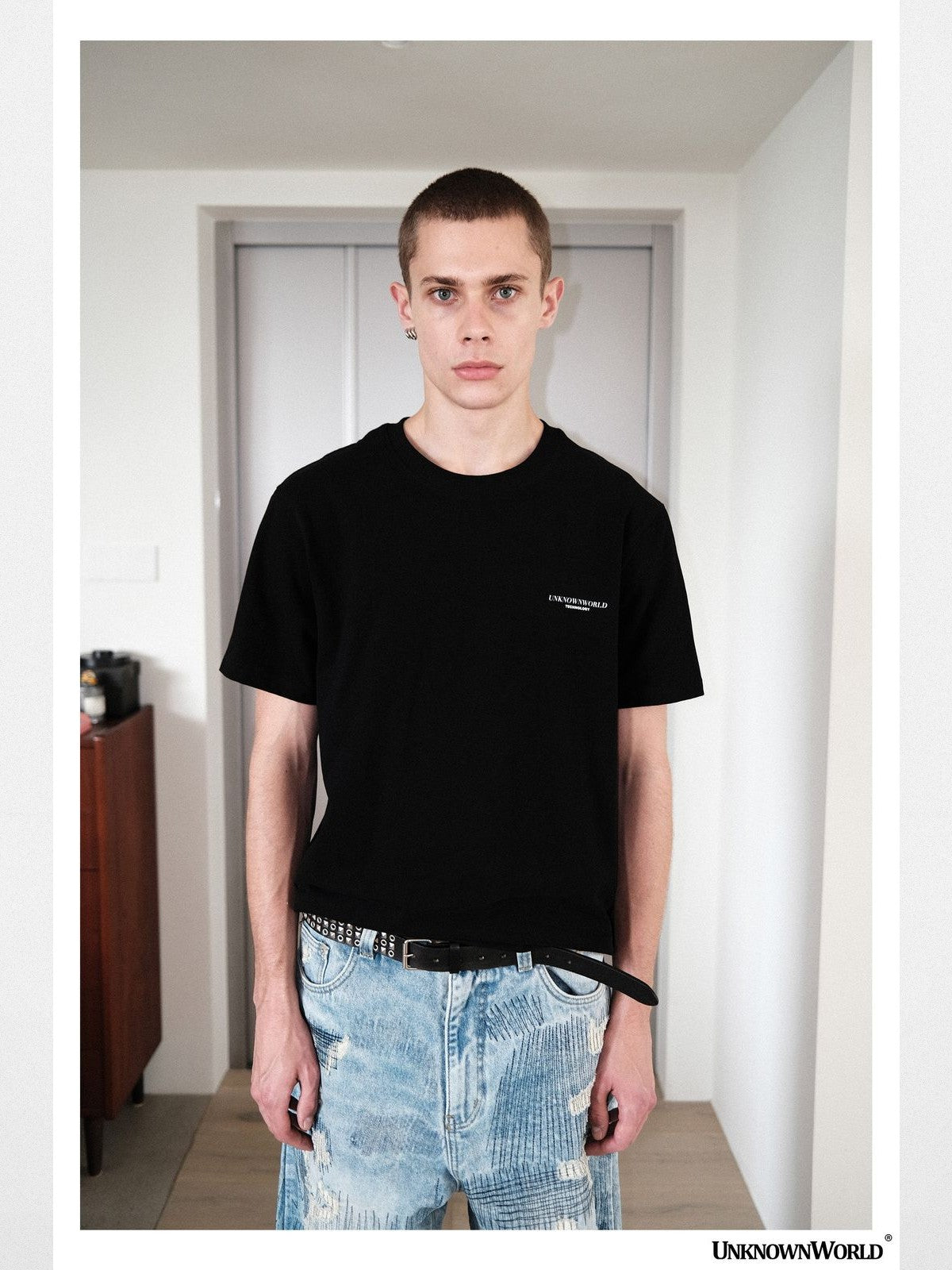 UNKNOWNWORLD Small Logo Cotton T Shirt in Black - On Model